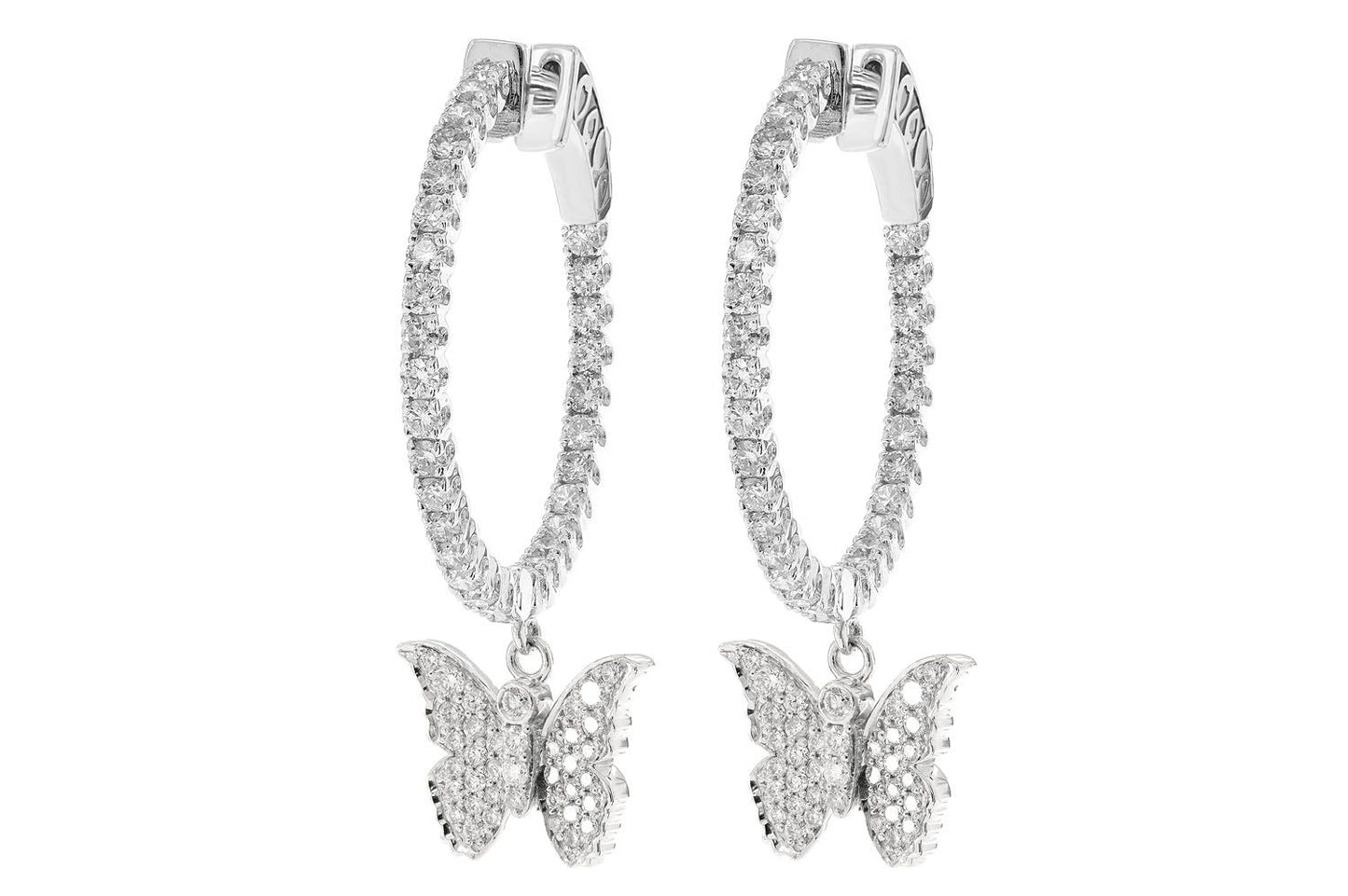 BUTTERFLY DANGLING DIAMOND HOOP EARRINGS 14K SOLID GOLD 1.75CTW