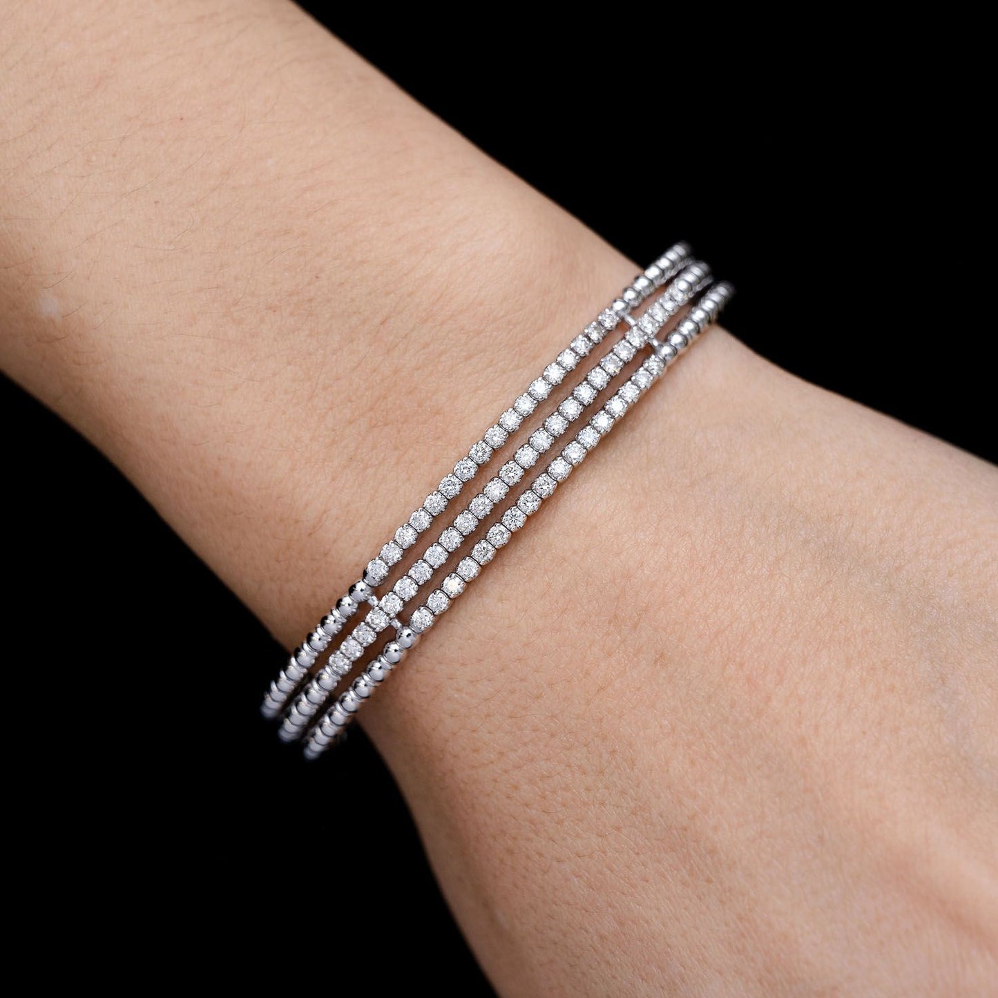 THREE ROW BEADED DIAMOND FLEX BANGLE BRACELET 14K SOLID GOLD 1.50CTW