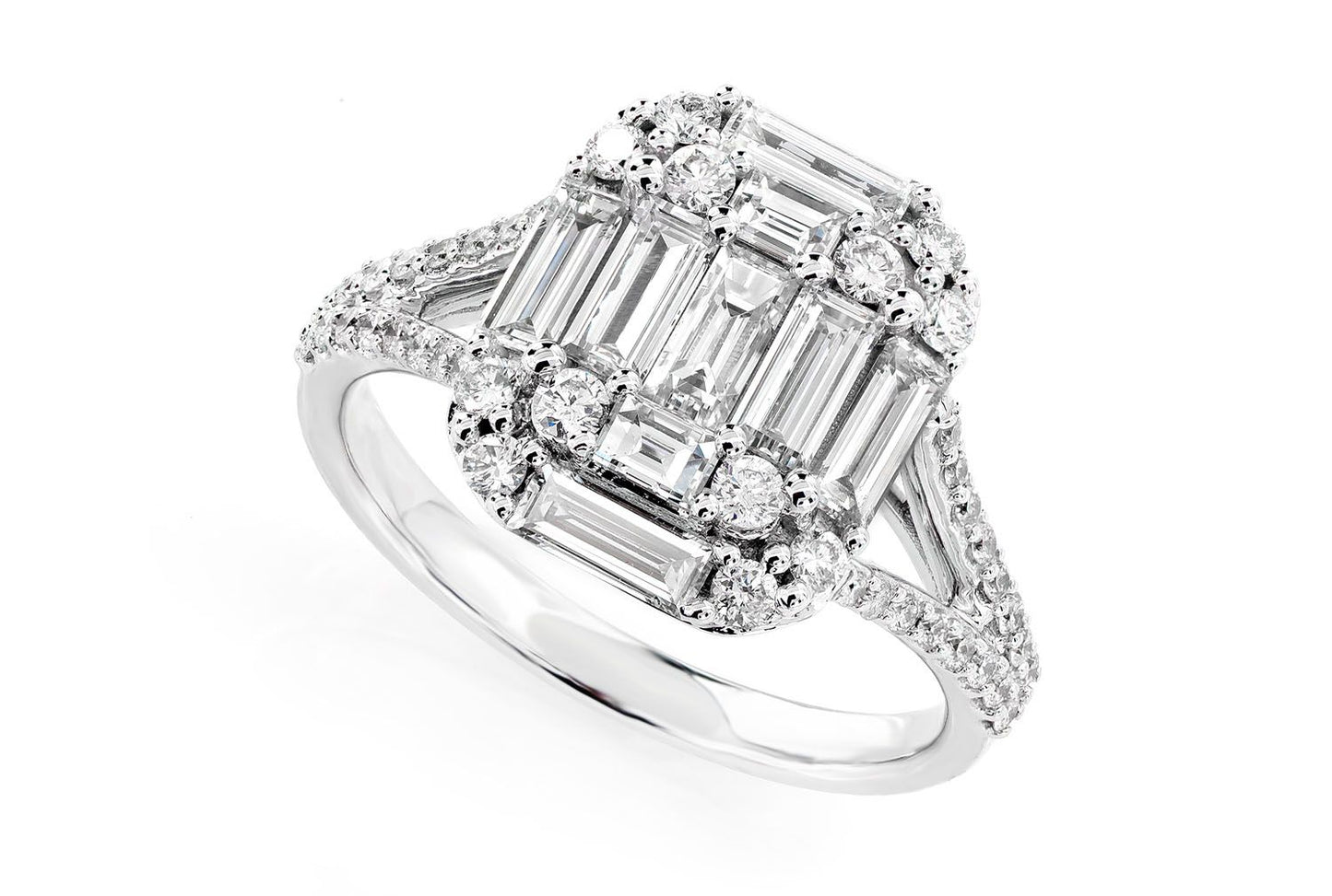 1.85CTW CLUSTER SPLIT SHANK BAGUETTE AND ROUND DIAMOND ENGAGEMENT RING 14K SOLID GOLD