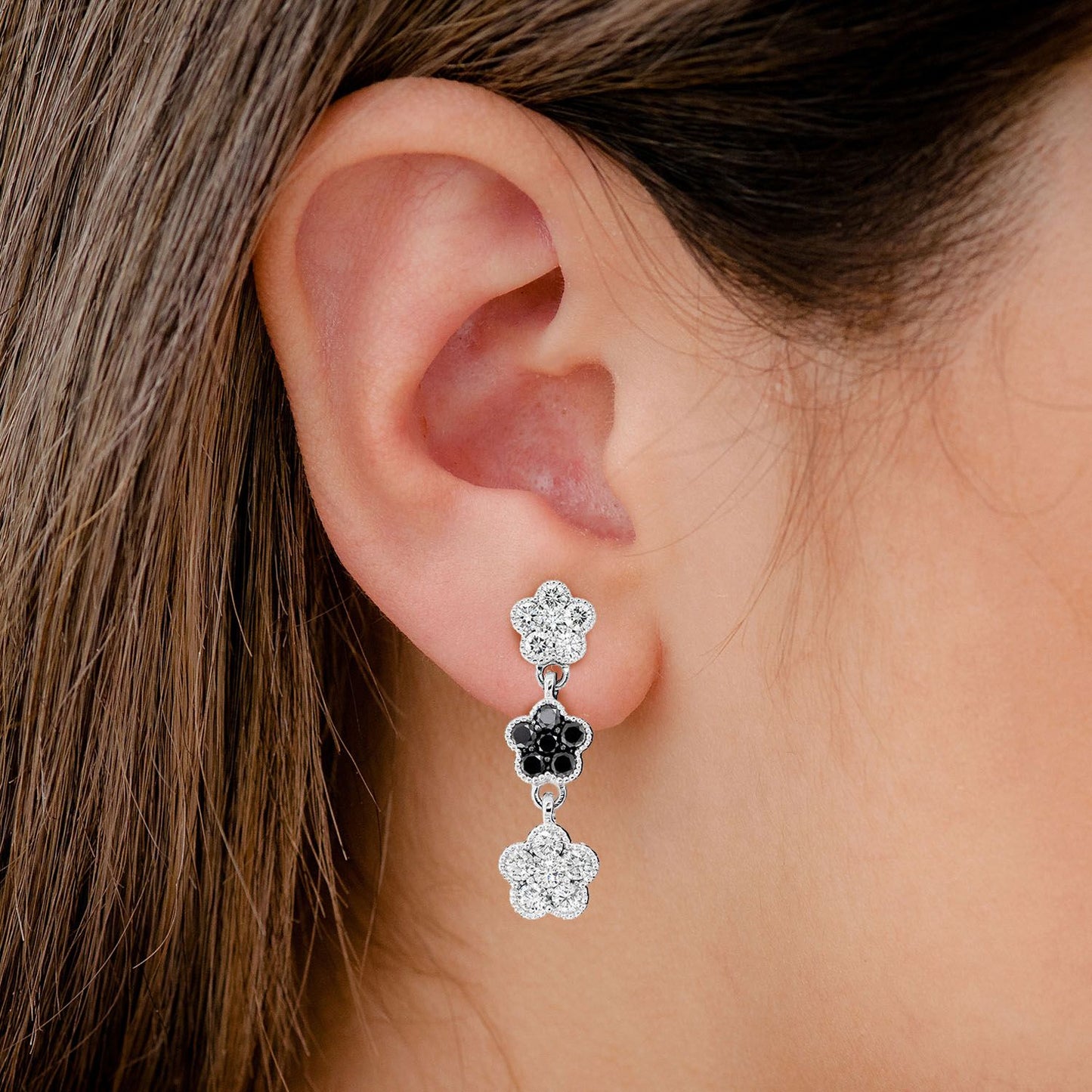 BLACK & WHITE DIAMOND DANGLING CLOVER EARRINGS 14K SOLID GOLD 1.50CTW