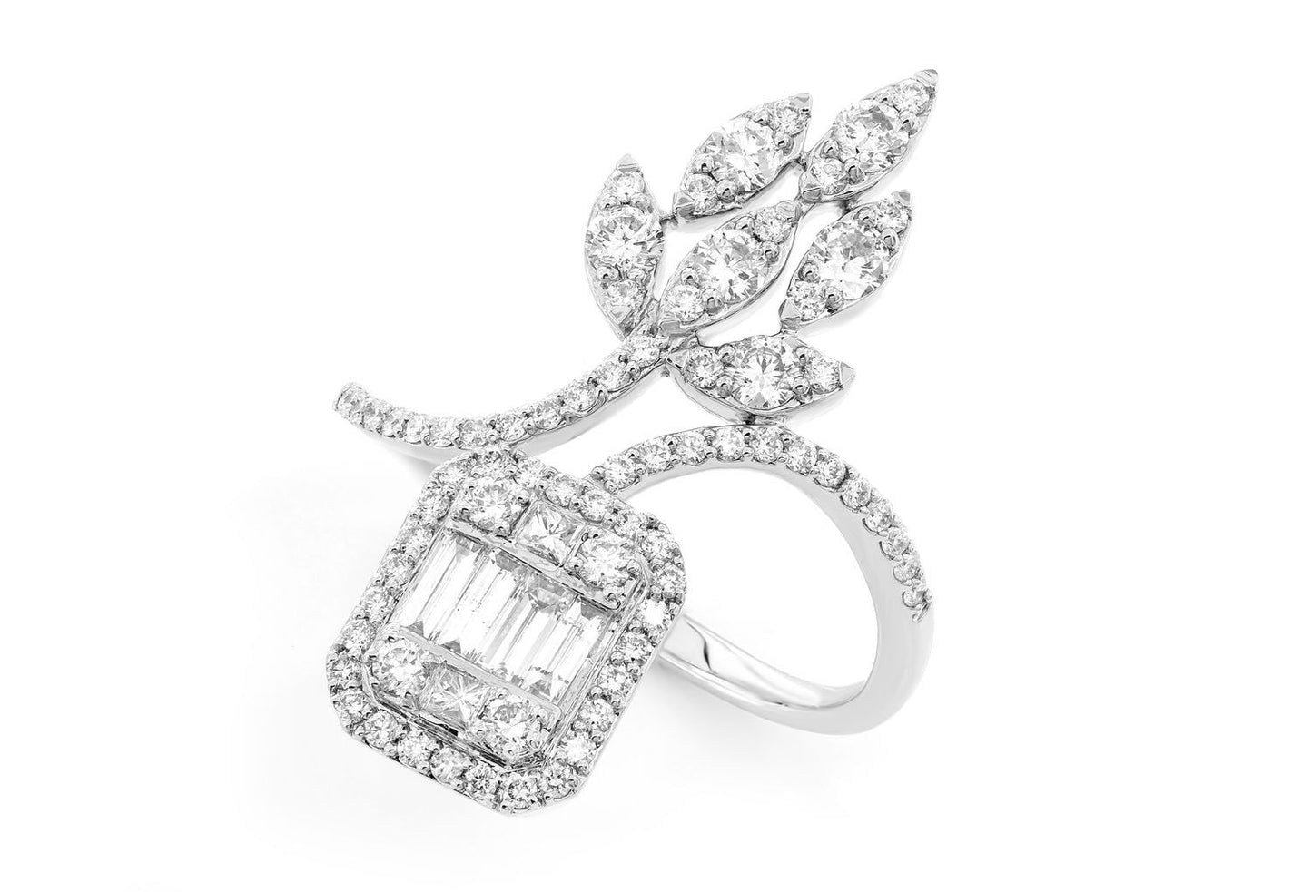 INEL ROTUND CU DIAMANTE, FORMAT BAGHETĂ, FLORAL, AUR MASIV DE 14K, 1.00CTW