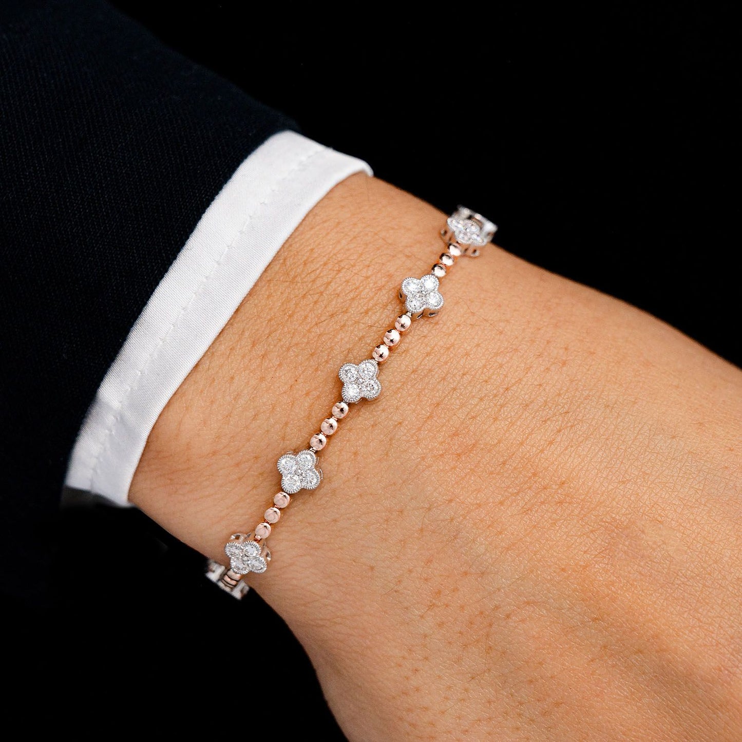 BEADED MILGRAIN CLOVER BRACELET 1.50CTW 14K SOLID GOLD