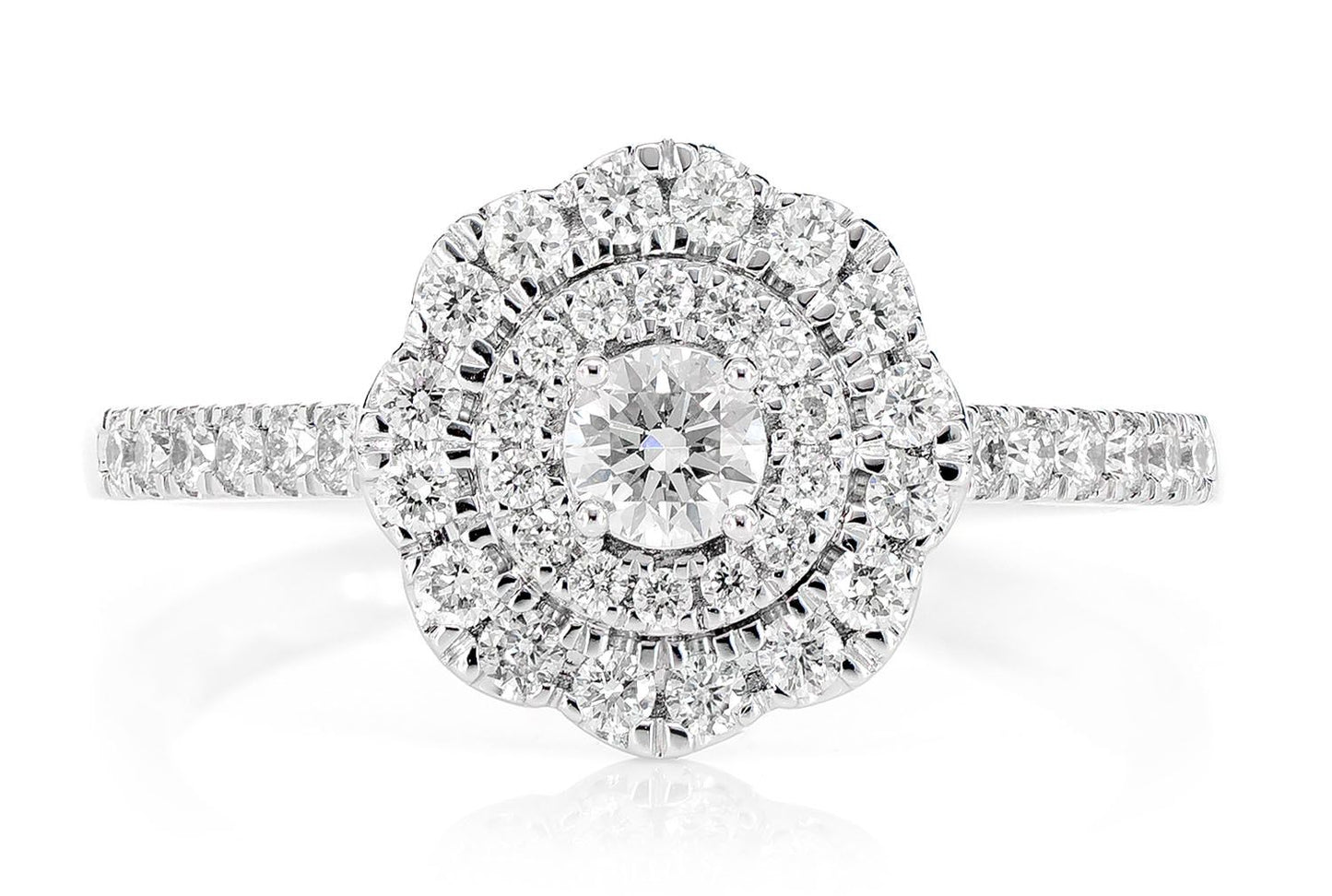 0.66CTW DOUBLE HALO SCROLL DIAMOND ENGAGEMENT RING 14K SOLID GOLD - 0.66CTW