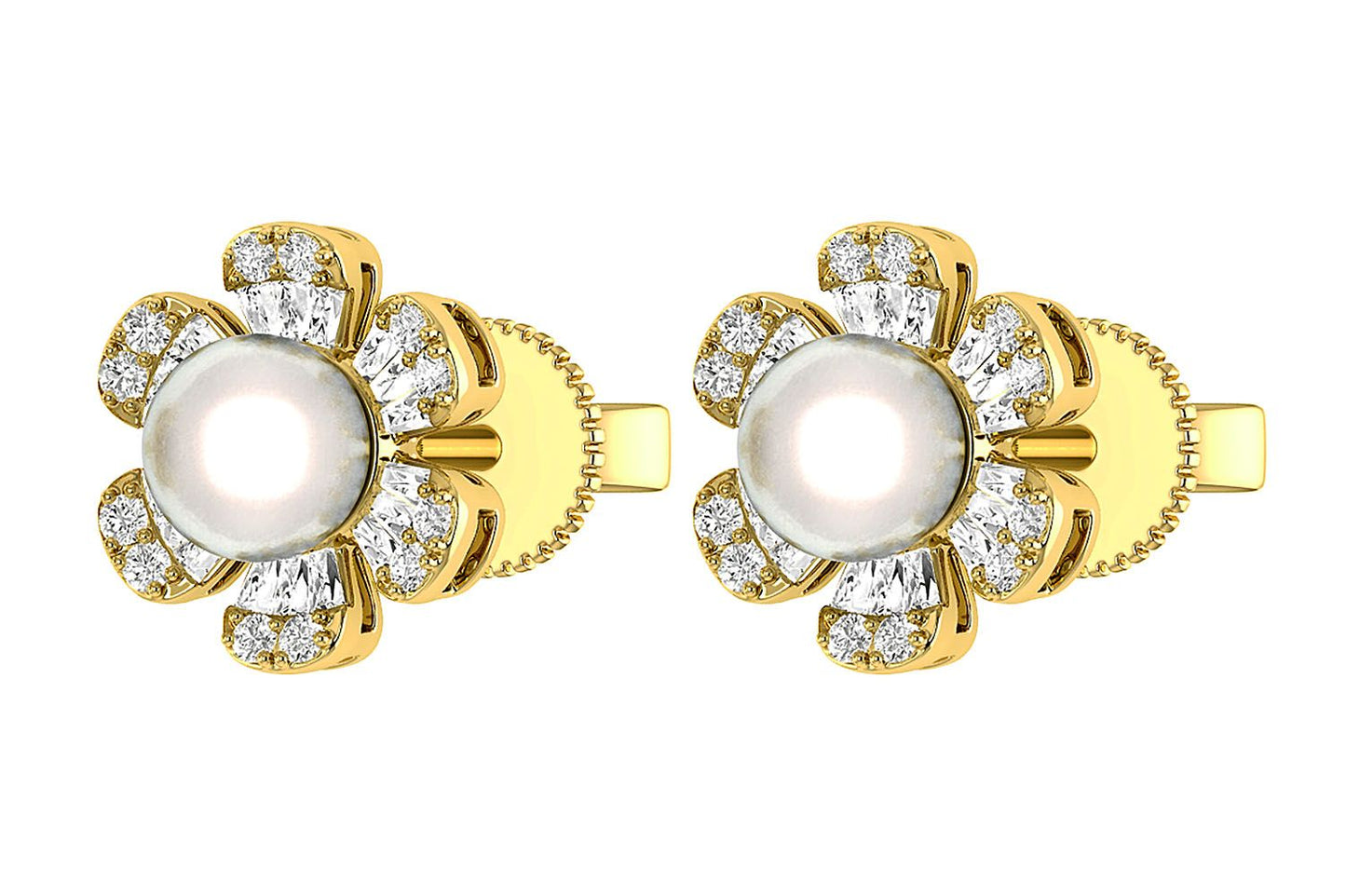 CERCEI ȘTIF CU PERLE ȘI DIAMANTE DAISY, AUR MASIV DE 14K, 0.30CT