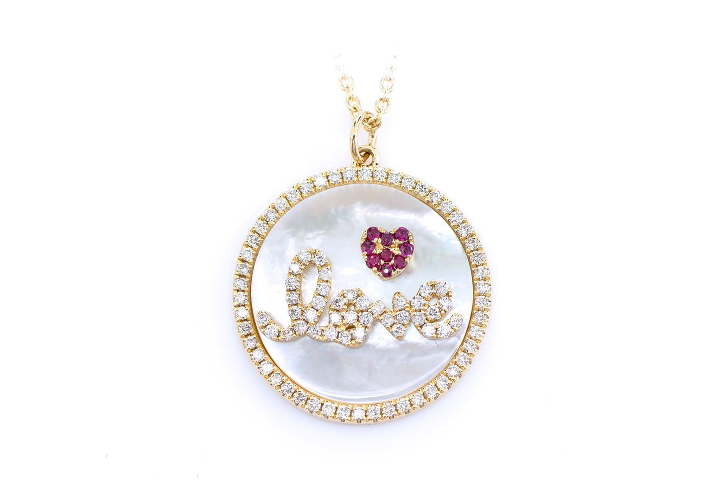 MOTHER OF PEARL LOVE DISC HALO DIAMOND PENDANT ATTACHED NECKLACE 14K SOLID GOLD 0.35CTW