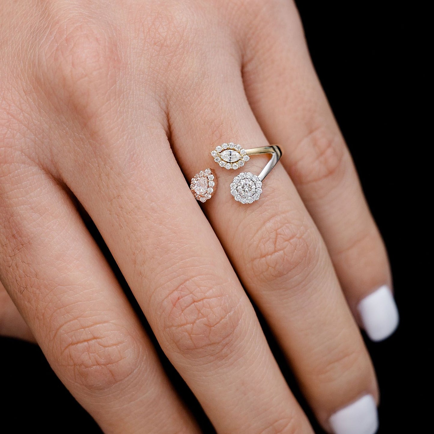 TRI TONE MULTI SHAPE OPEN BYPASS DIAMOND RING 14K SOLID GOLD 0.45CTW