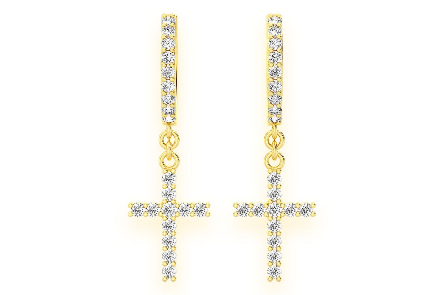CERCEI CU DIAMANTE, FORMĂ CRUCE, AUR MASIV DE 14K, 0.40CT