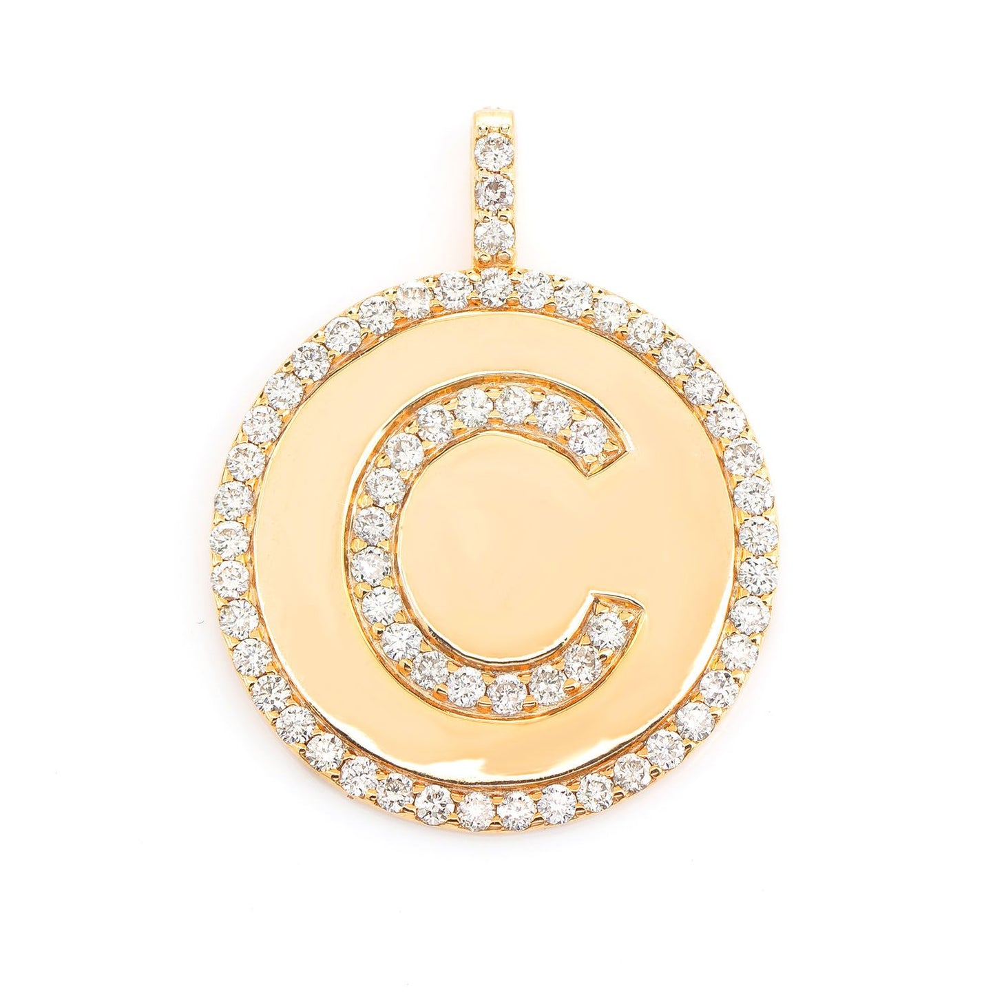 DIAMOND CIRLCE BORDER ANY LETTER DISC PENDANT 14K SOLID GOLD 0.50CTW