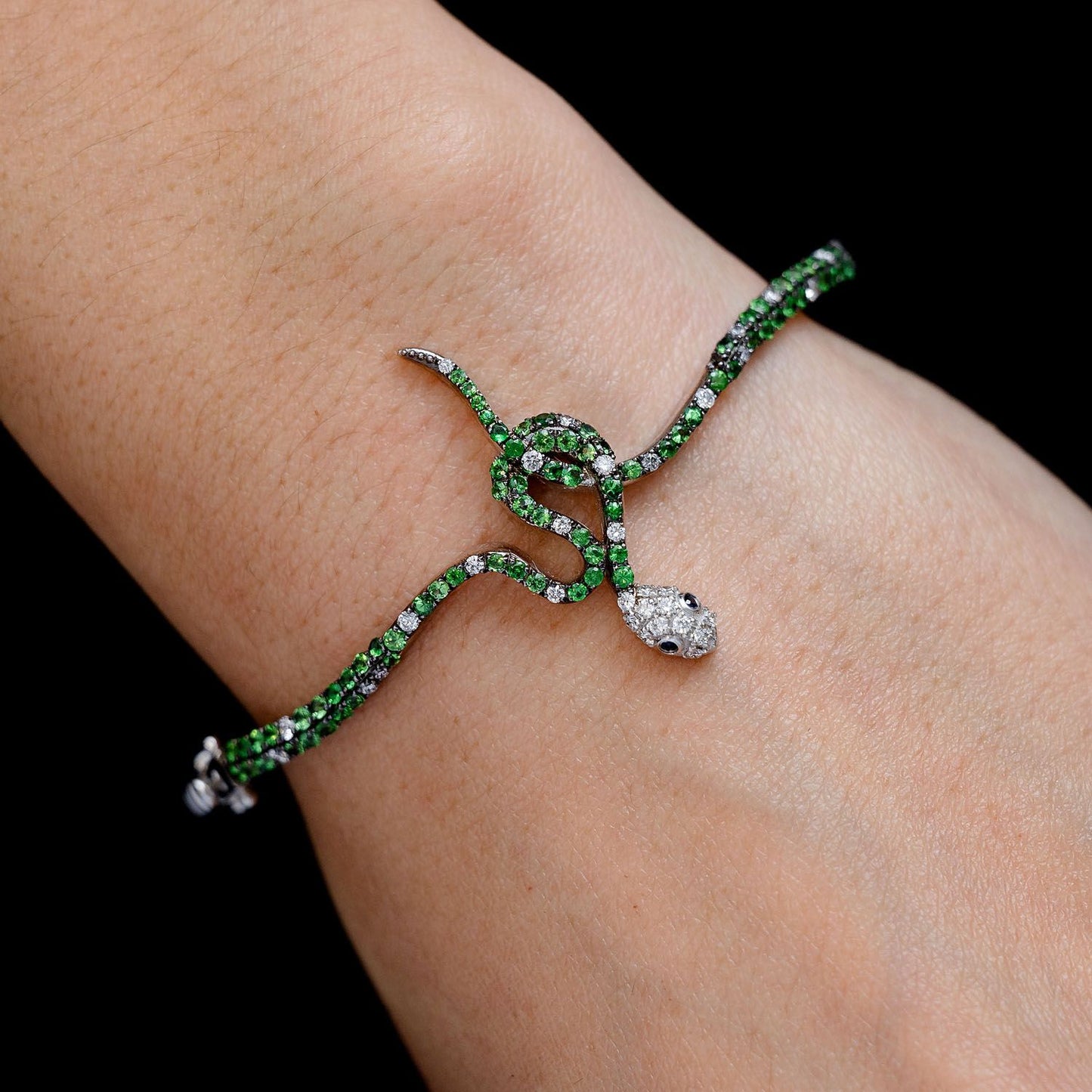 EMERALD AND DIAMOND SNAKE BANGLE BRACELET 14K SOLID GOLD 2.00CTW