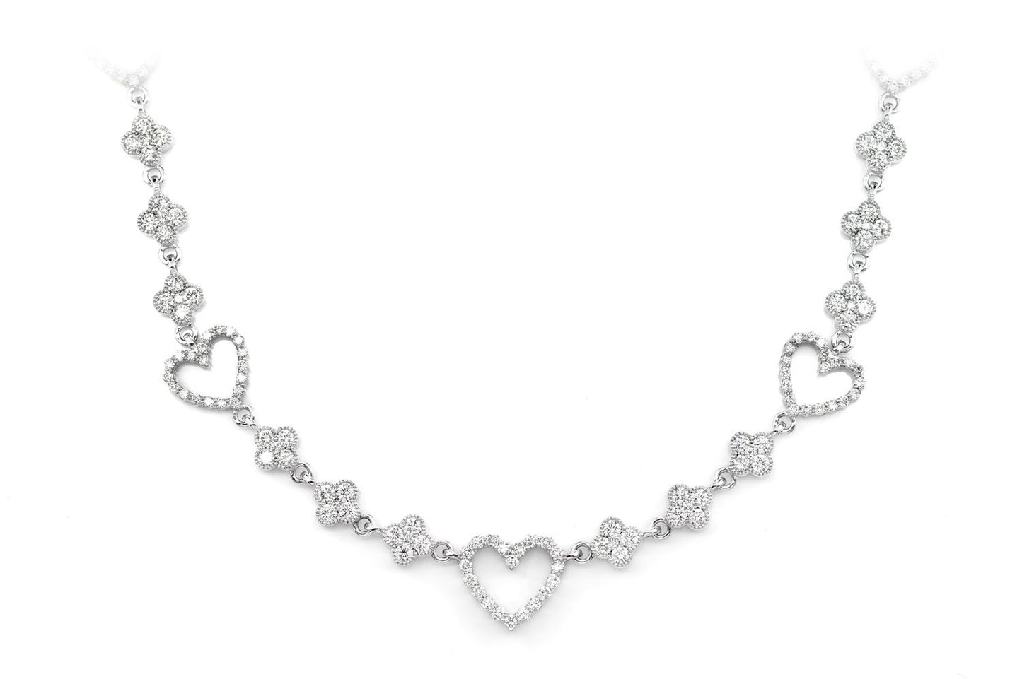 OPEN HEART CLOVER DIAMOND LINK NECKLACE 14K SOLID GOLD 5.00CTW