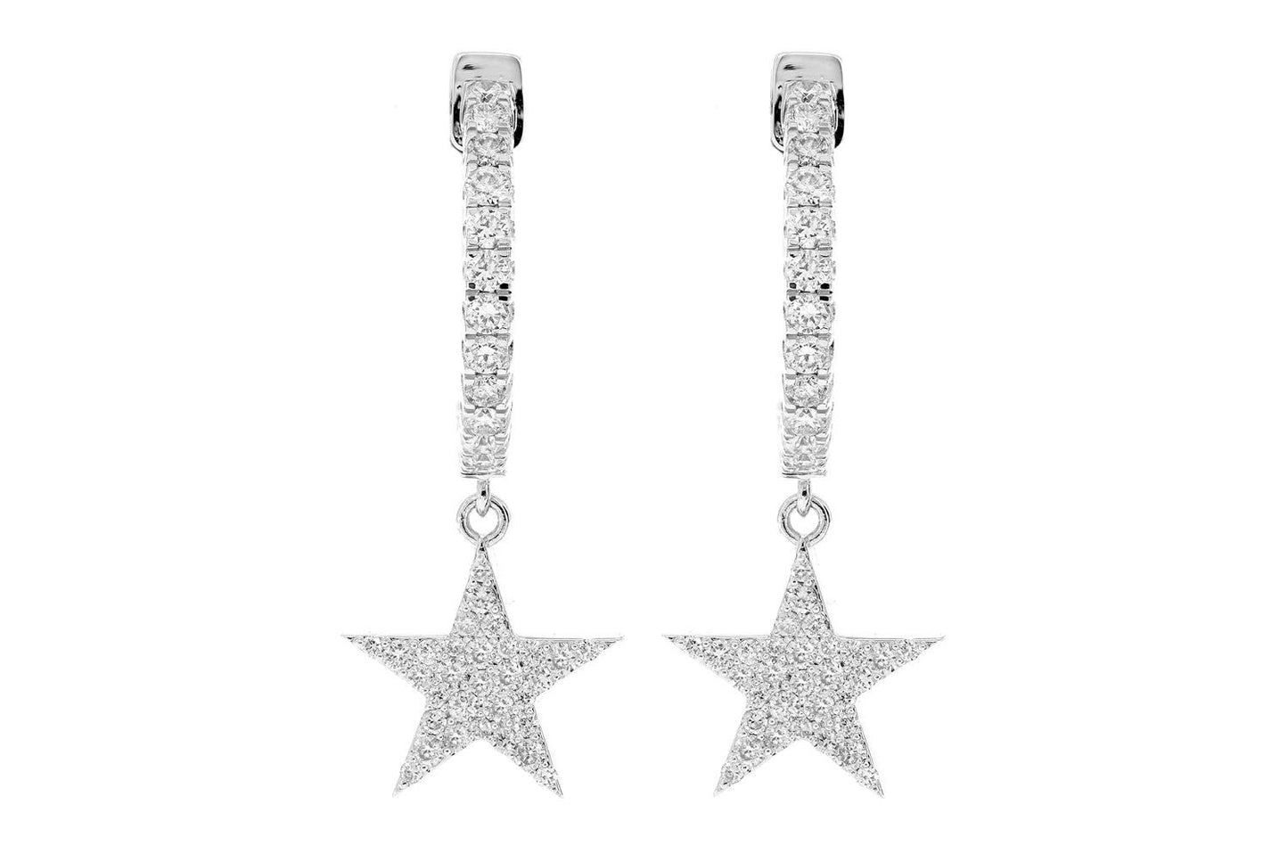 STAR DANGLING HOOP DIAMOND EARRINGS 14K SOLID GOLD 1.25CTW