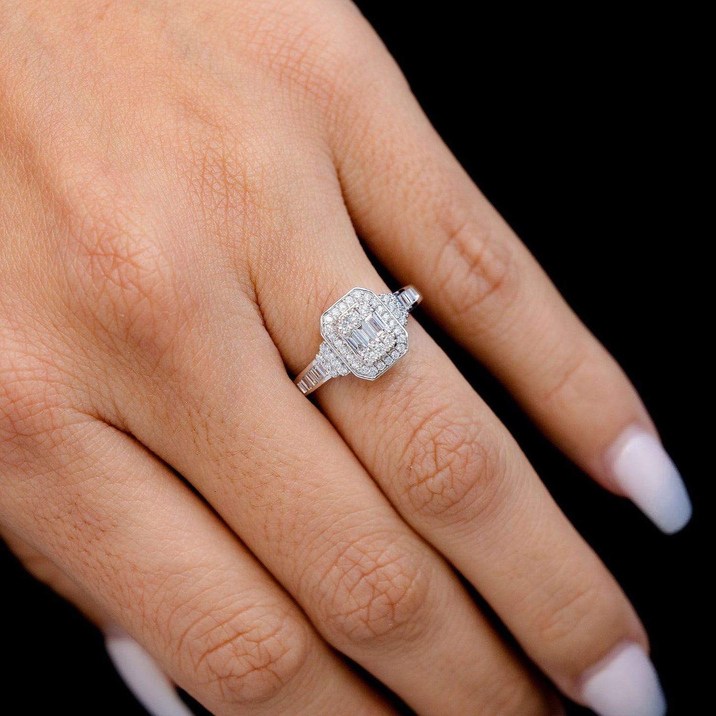0.25CTW ROUND & BAGUETTE HALO TWO TIER RING 14K SOLID GOLD