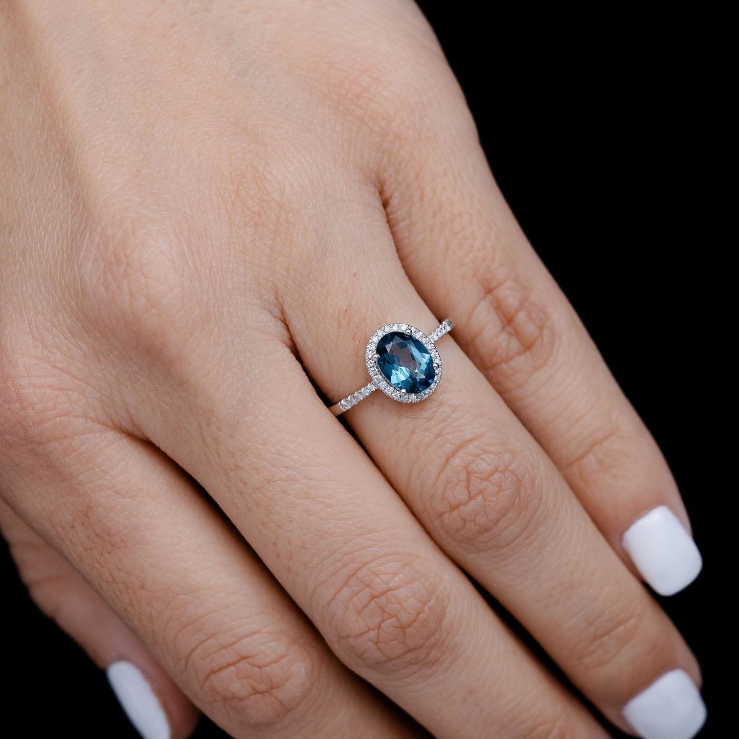 OVAL BLUE GEMSTONE AND DIAMOND HALO RING 14K SOLID GOLD 1.38CTW