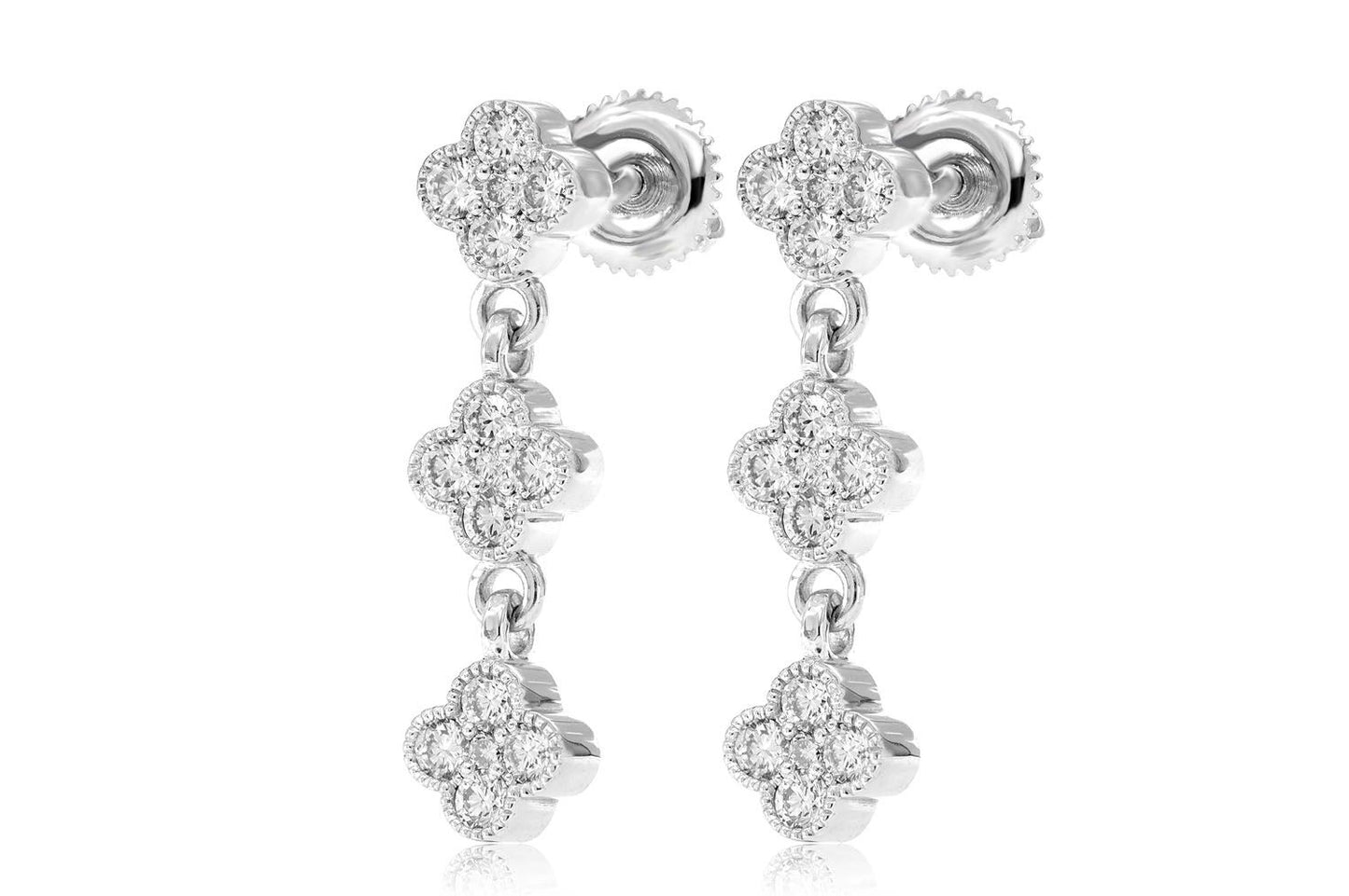 CLOVER DANGLE DIAMOND EARRINGS 14K SOLID GOLD 1.00CTW