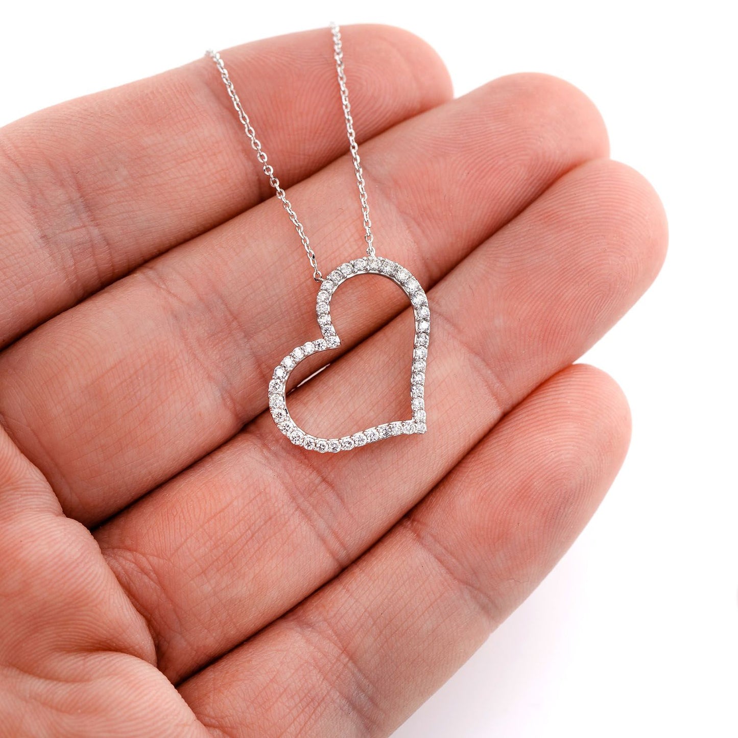 ANGLED OPEN DIAMOND HEART PENDANT ATTACHED NECKLACE 14K SOLID GOLD 0.50CTW