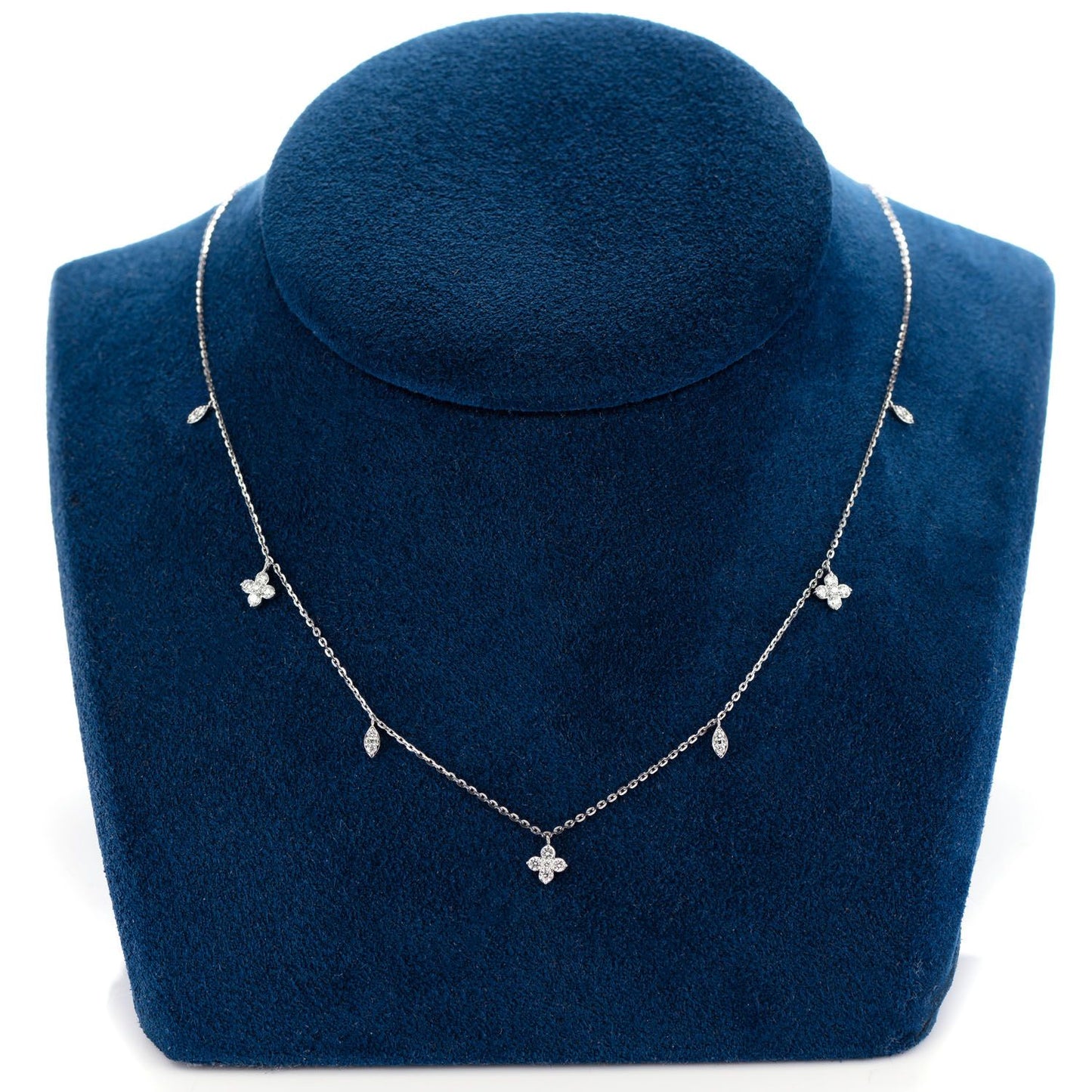 CLOVER AND MARQUISE DANGLING DIAMOND STATION NECKLACE 14K SOLID GOLD 0.25CTW
