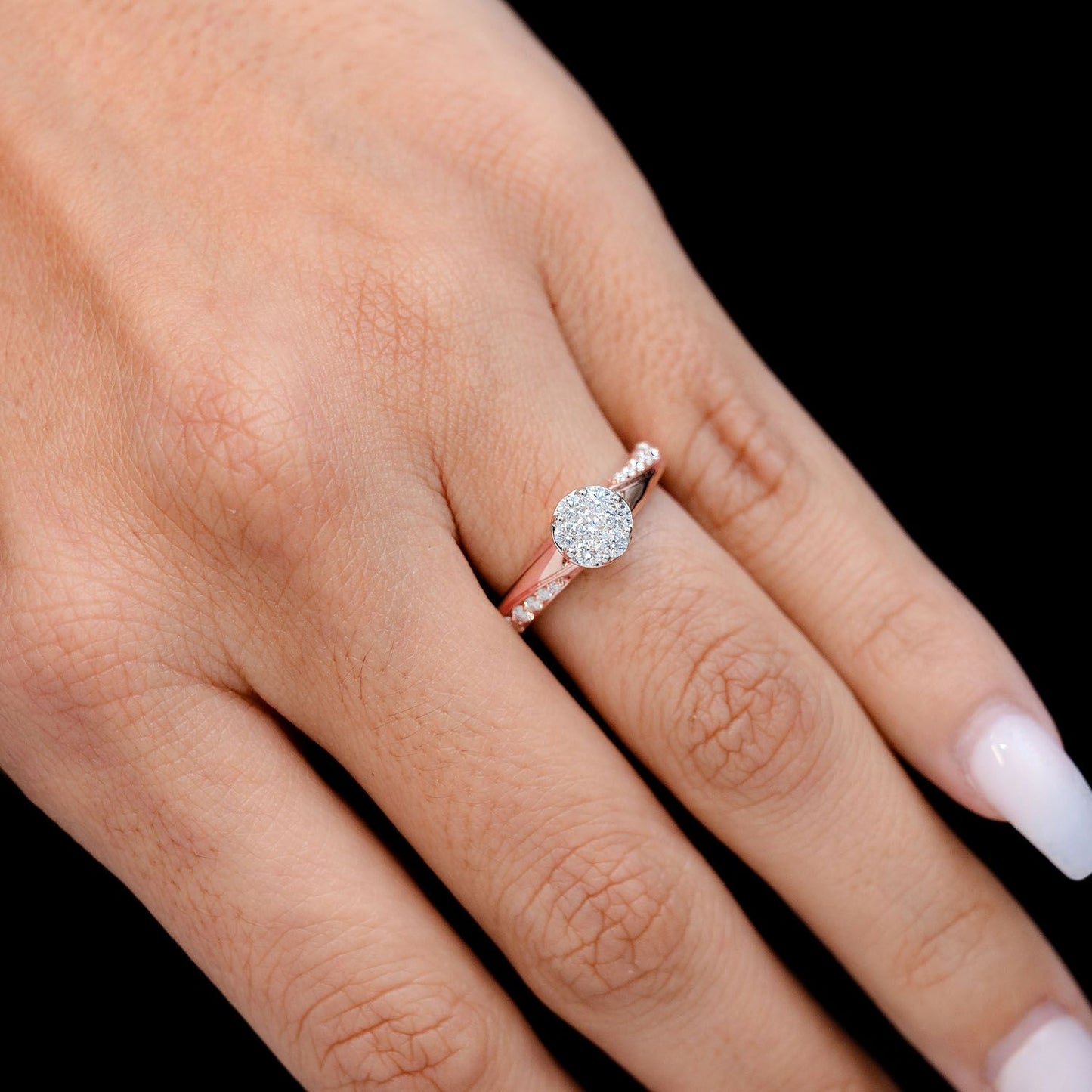 0.50CTW ROUND CLUSTER TAPERED SPLIT SHANK DIAMOND ENGAGEMENT RING 14K SOLID GOLD