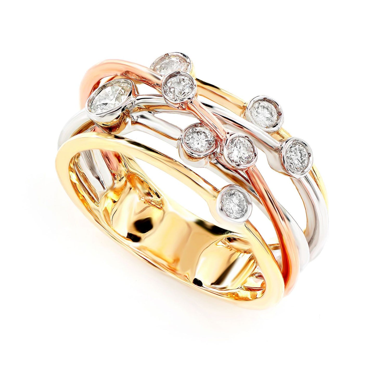 SCATTERED CROSS OVER TRI TONE DIAMOND RING 14K SOLID GOLD 0.50CTW