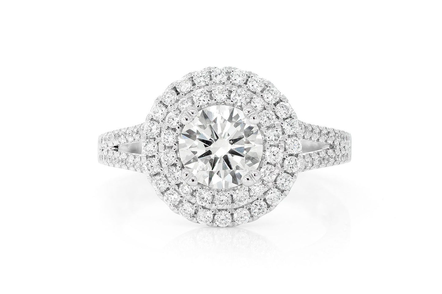 1.00CT ROUND SOLITAIRE - SPLIT SHANK DOUBLE HALO - DIAMOND ENGAGEMENT RING