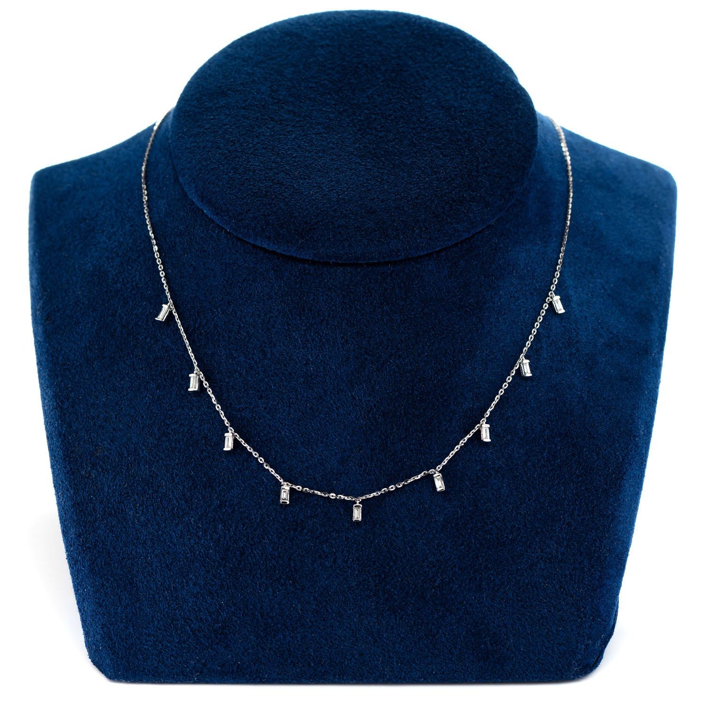 9 STONE BAGUETTE DANGLE STATION NECKLACE 14K SOLID GOLD 0.20CTW