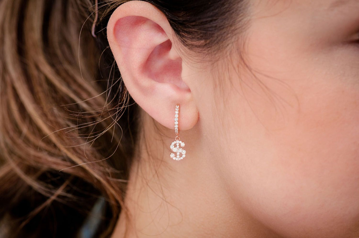DOLLAR SIGN DANGLING HOOP EARRINGS 14K SOLID GOLD 0.65CTW