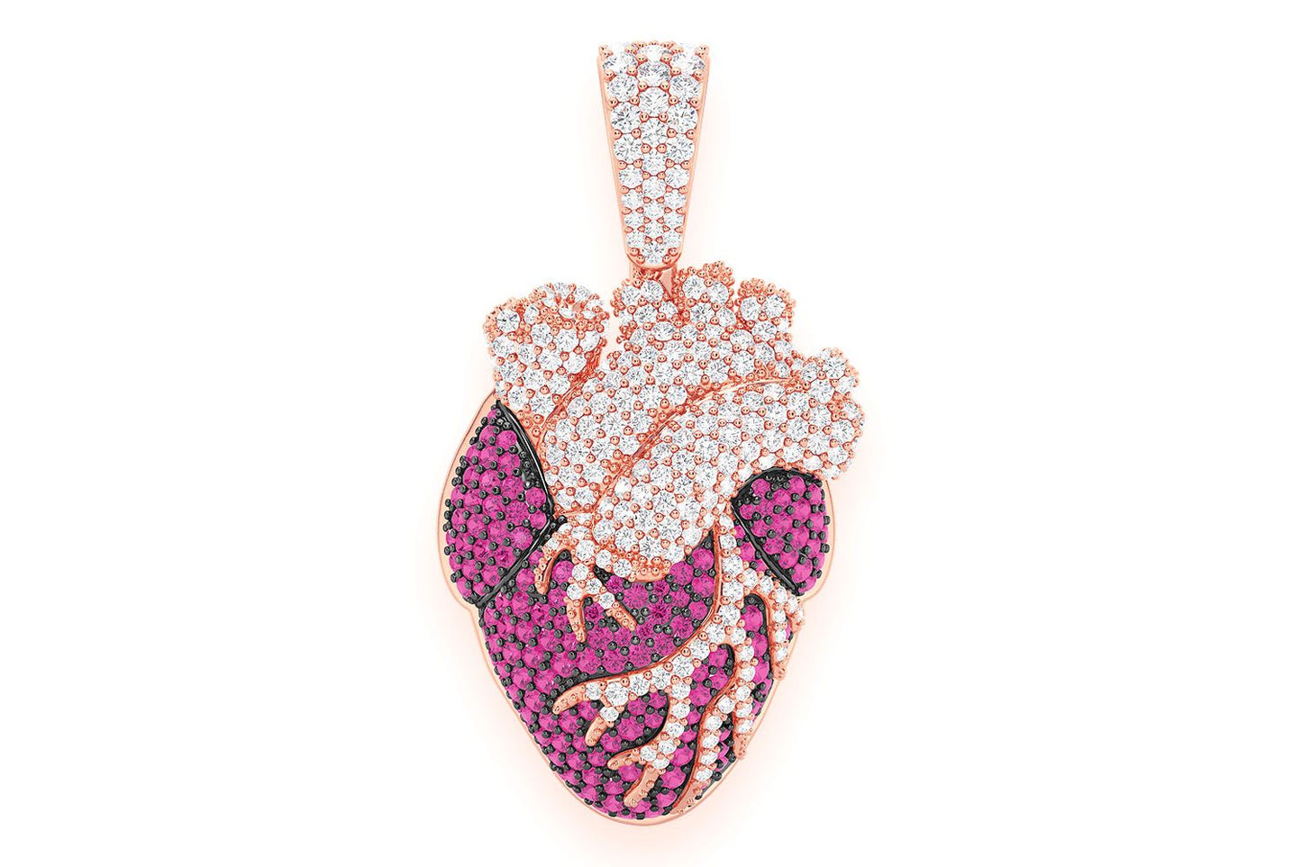 HUMAN HEART RUBY & DIAMOND PENDANT 14K SOLID GOLD 3.60CTW