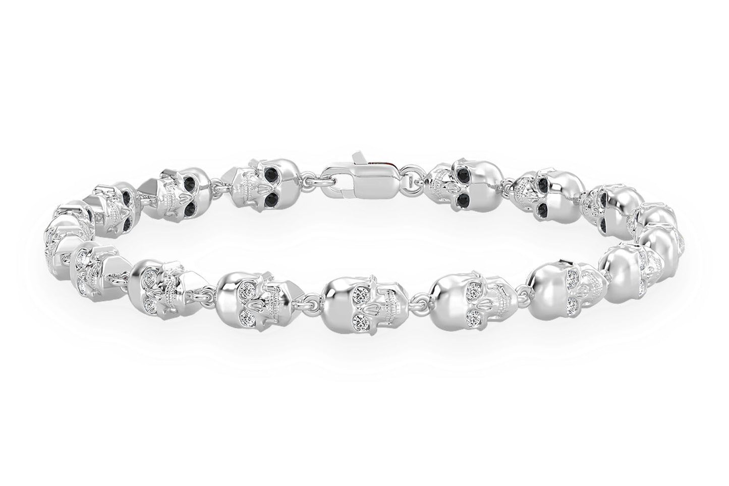 BLACK DIAMOND & WHITE DIAMOND SKULL LINK BRACELET 14K SOLID GOLD 1.50CTW