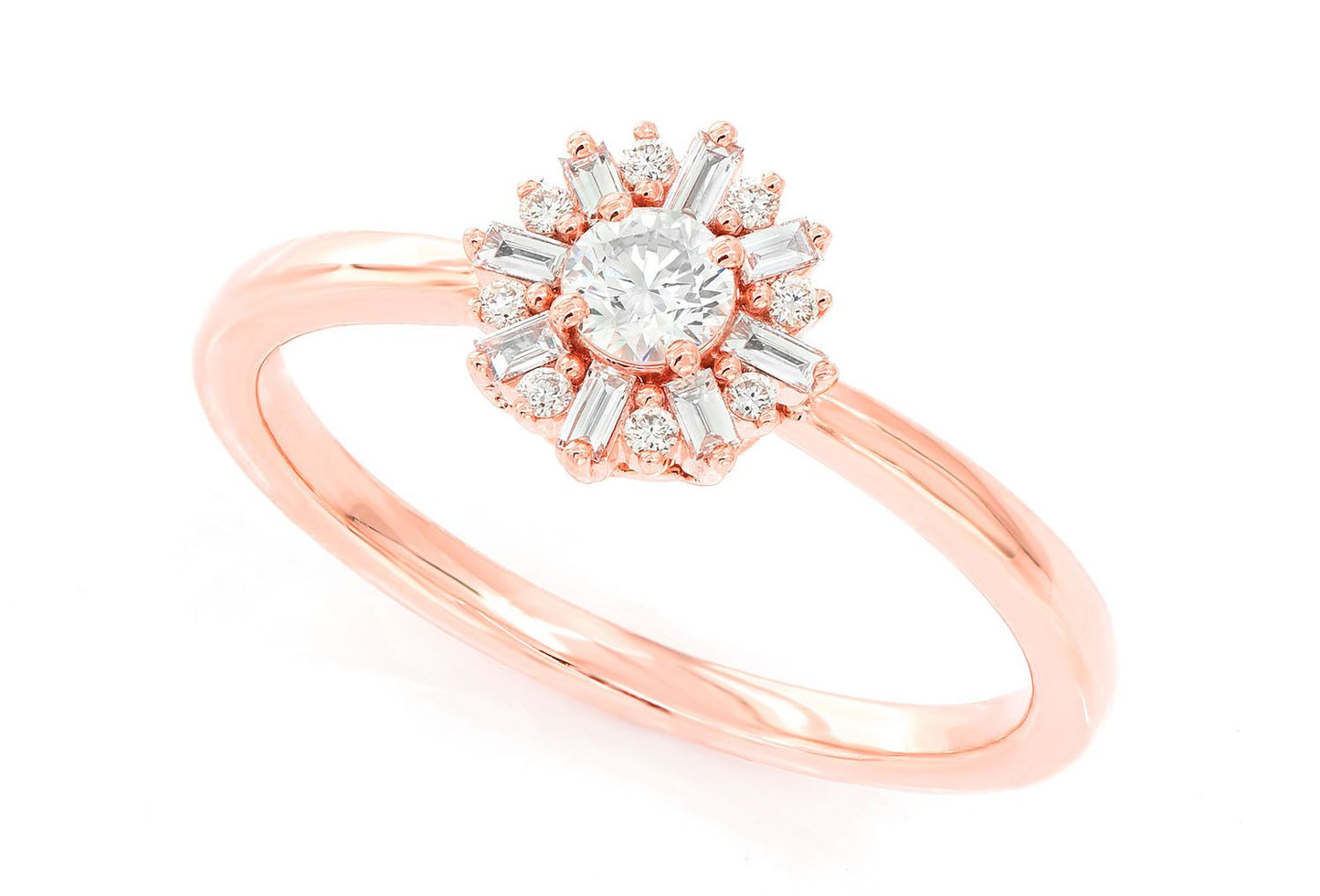 ROUND FLORAL BAGUETTE DIAMOND RING 14K SOLID GOLD 0.35CTW