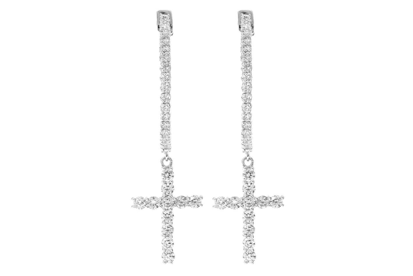 LARGE DANGLING CROSS DIAMOND HOOP EARRINGS 14K SOLID GOLD 2.70CTW
