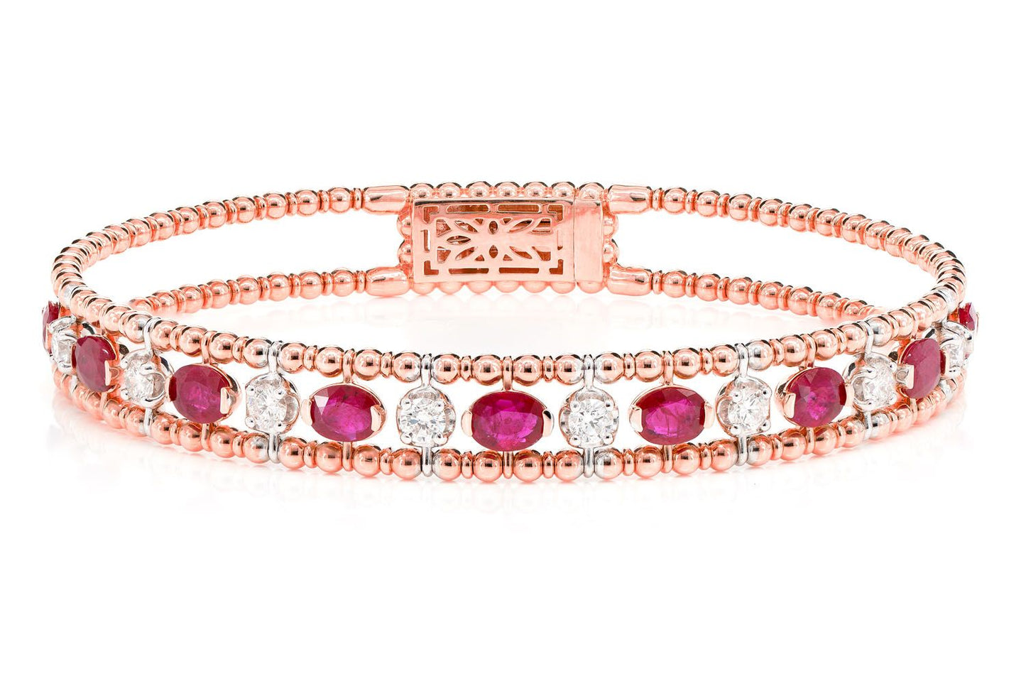 OVAL AND ROUND BEADED RUBY AND DIAMOND FLEX BANGLE BRACELET 14K SOLID GOLD 3.50CTW