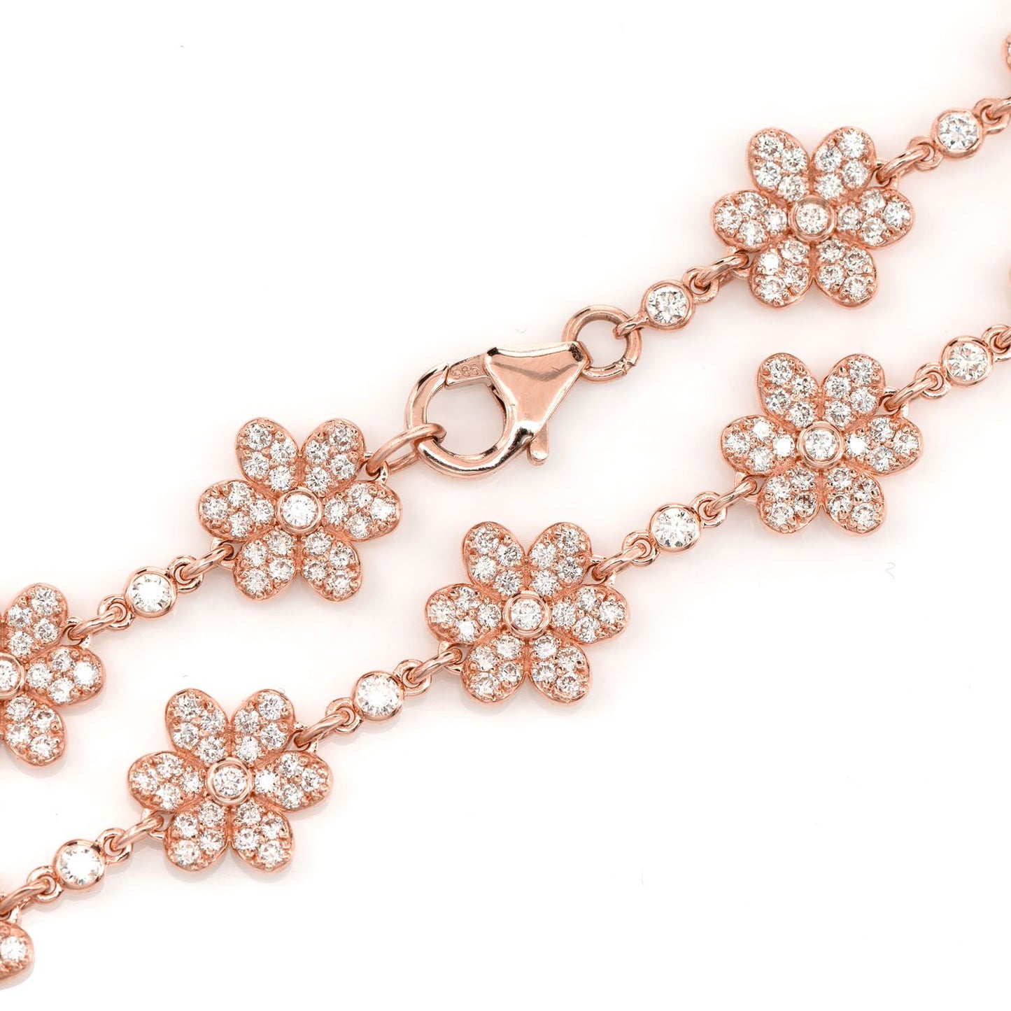 SIX PETAL FLOWER DIAMOND LINK STATION CHAIN 14K SOLID GOLD 7.00CTW