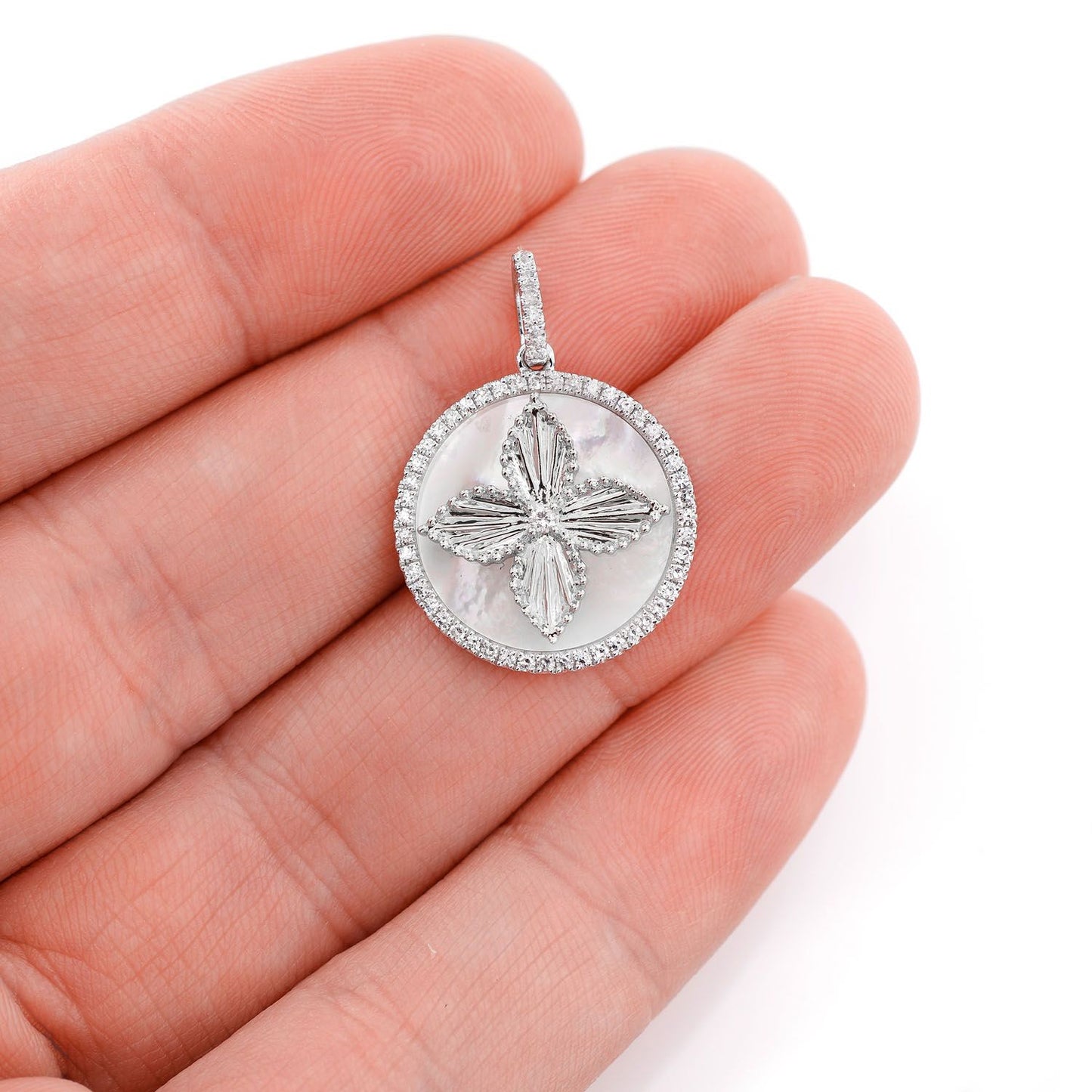 MOTHER OF PEARL AND DIAMOND FOUR PETAL FLOWER DISC PENDANT 14K SOLID GOLD 0.30CTW