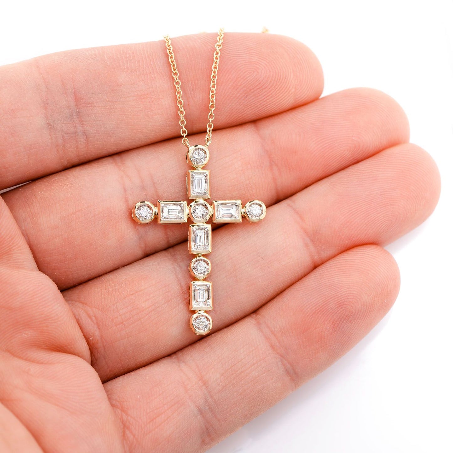BAGUETTE AND ROUND DIAMOND CROSS PENDANT NECKLACE ATTACHED 14K SOLID GOLD 0.75CTW