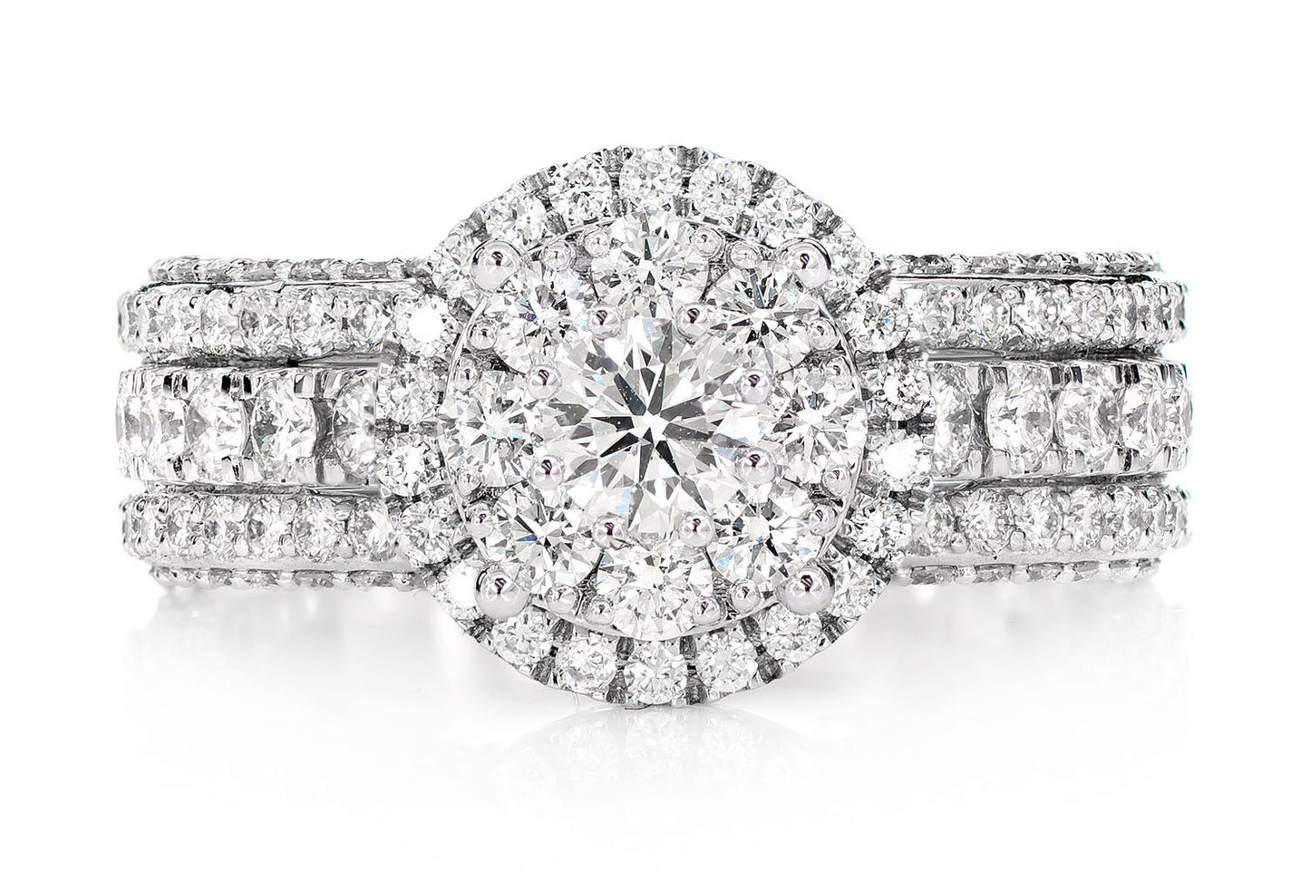 2.25CTW DOUBLE HALO THREE ROW DELUXE DIAMOND ENGAGEMENT RING- 14K SOLID GOLD