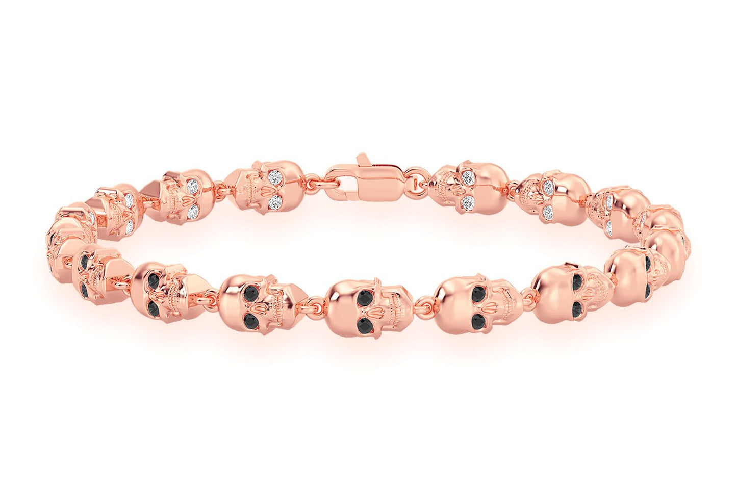 BLACK DIAMOND & WHITE DIAMOND SKULL LINK BRACELET 14K SOLID GOLD 1.50CTW