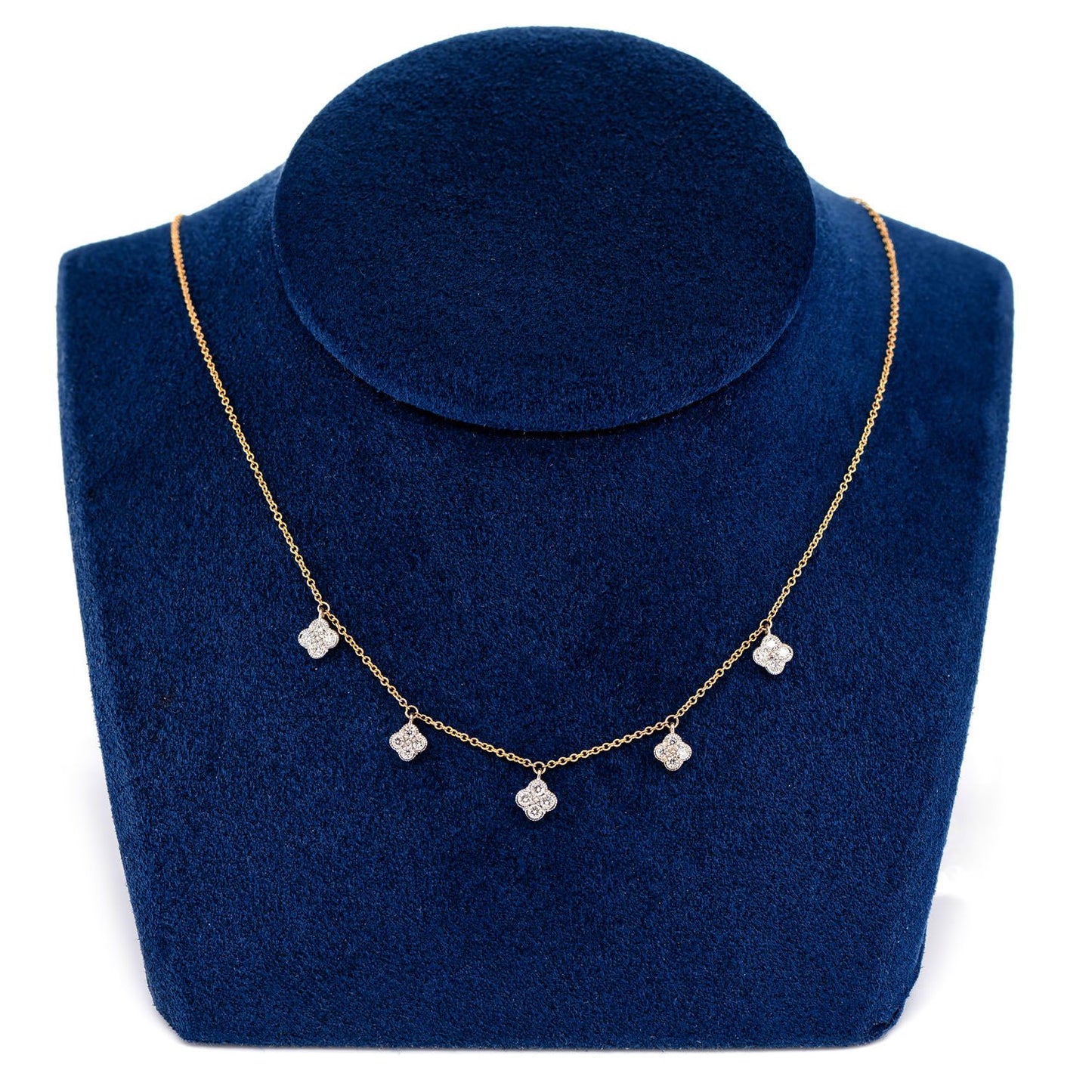COLIER CU CINCI STĂȚII CU TRIFOI MILGRAIN ȘI DIAMANTE, AUR MASIV DE 14K, 0.35CT