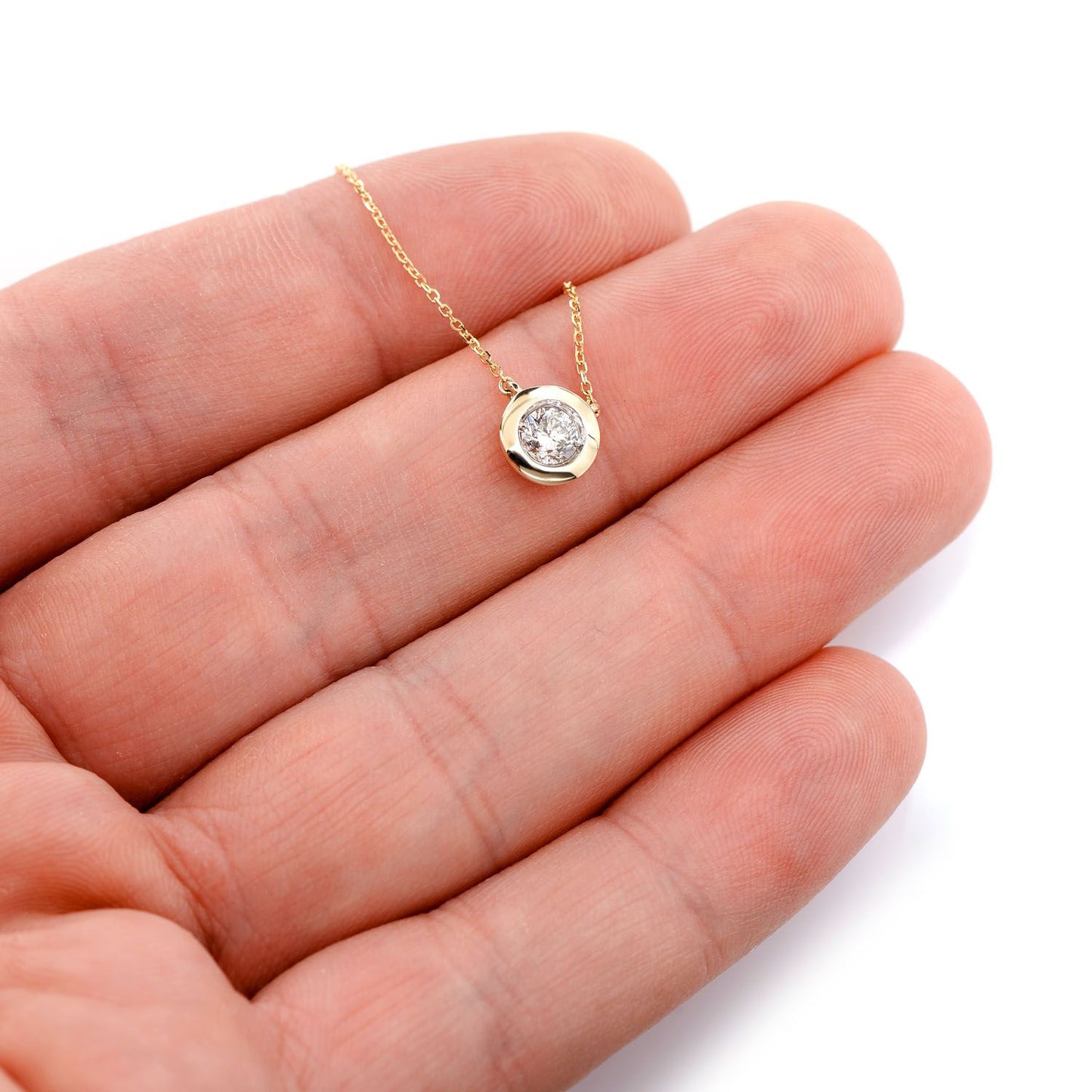 SOLITAIRE ROUND BEZEL PENDANT NECKLACE ATTACHED 14K SOLID GOLD 0.40CT