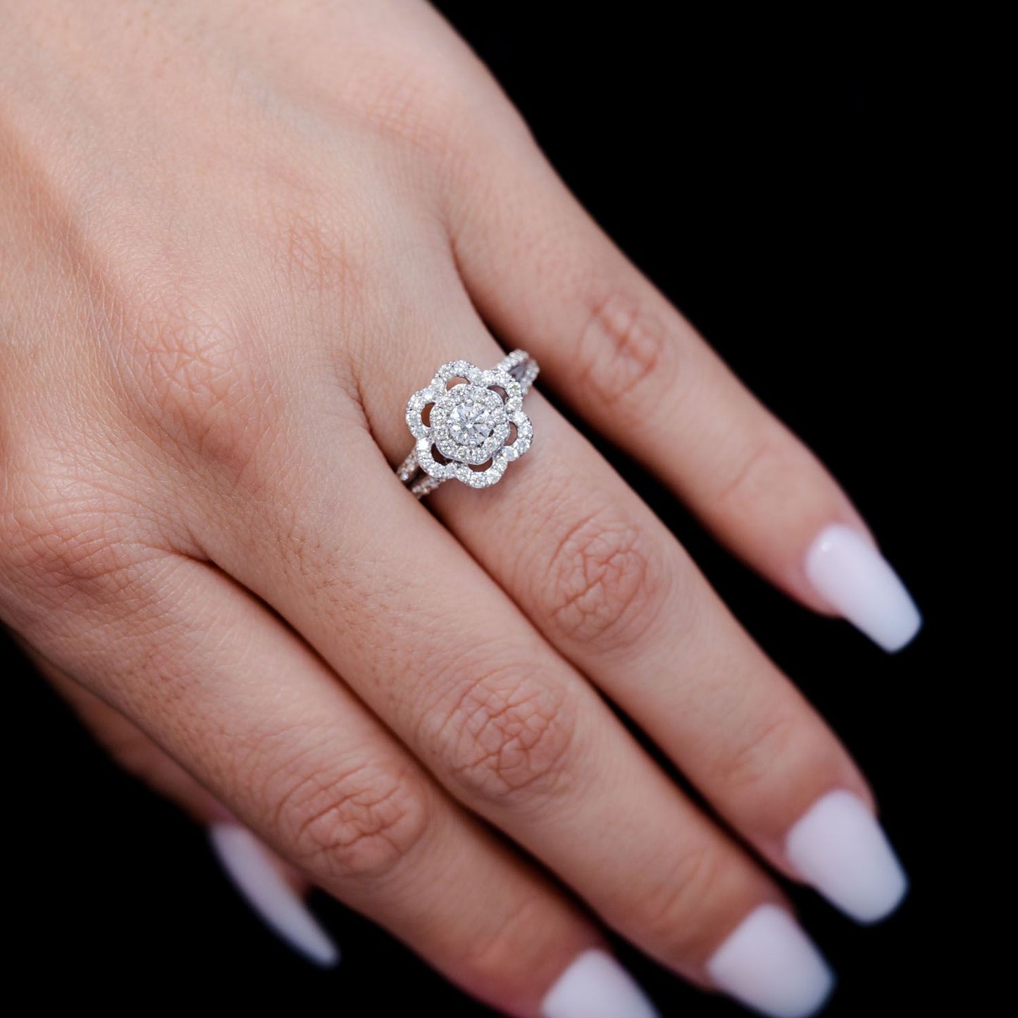 0.50CTW - FLOWER HALO SPLIT SHANK - DIAMOND ENGAGEMENT RING