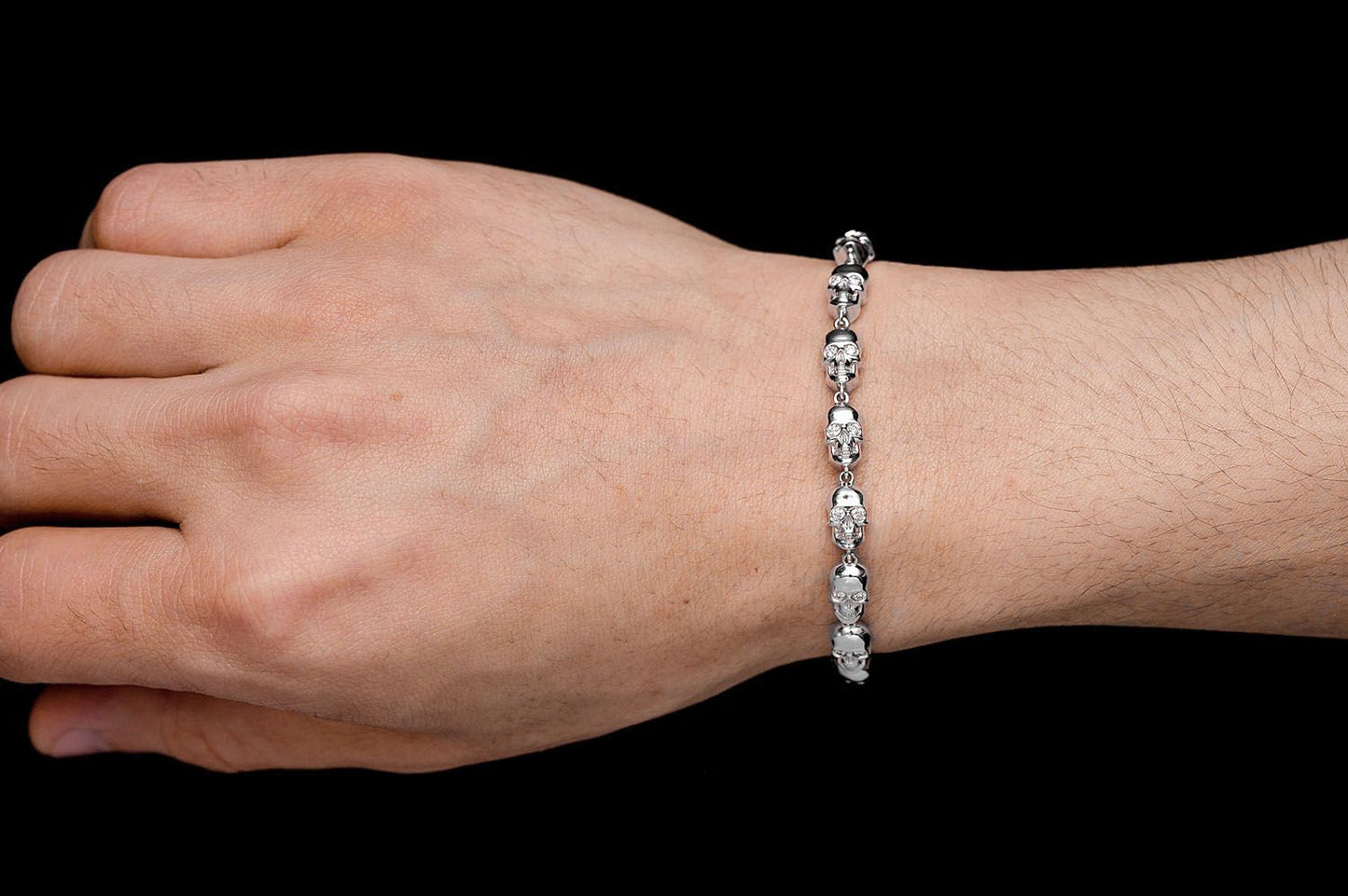 BLACK DIAMOND & WHITE DIAMOND SKULL LINK BRACELET 14K SOLID GOLD 1.50CTW