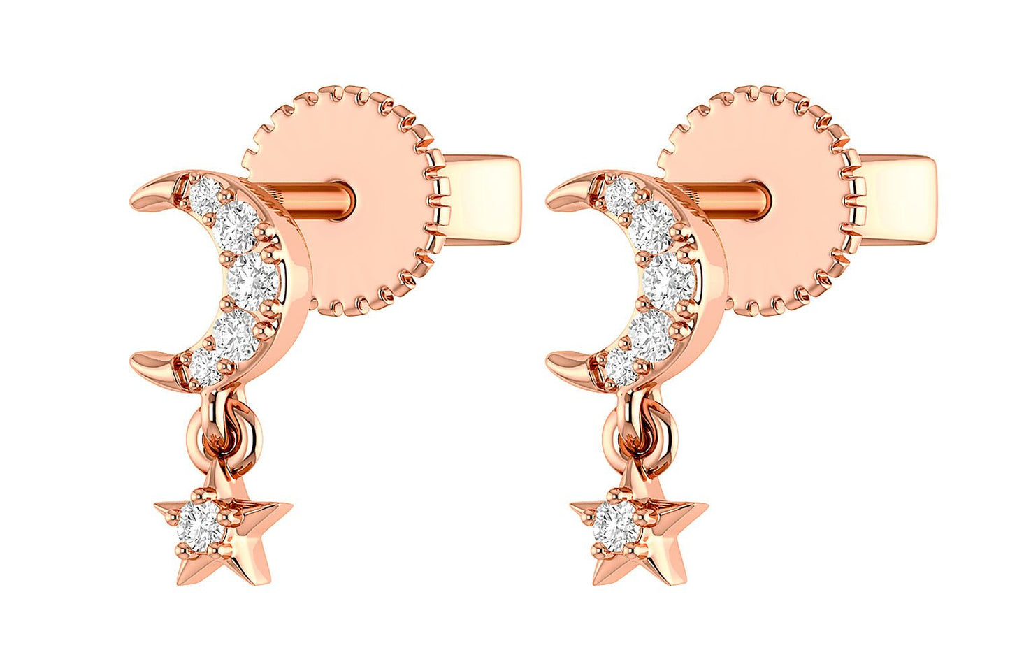 MOON AND STAR DANGLING DIAMOND EARRINGS 14K SOLID GOLD 0.05CTW