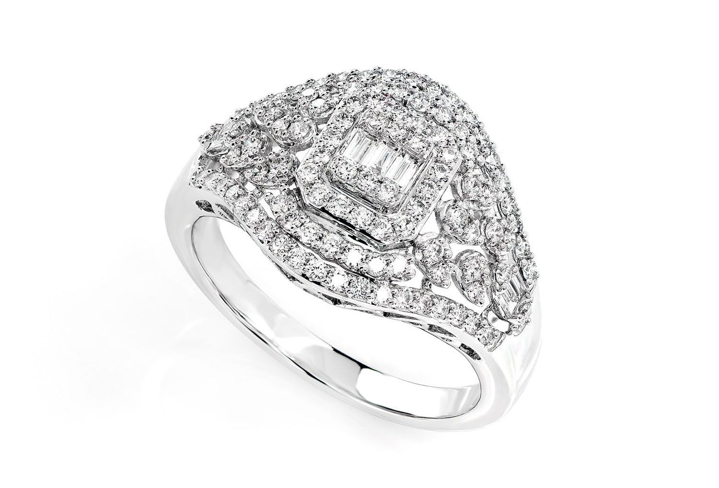 VINTAGE INSPIRED BAGUETTE SQUARE HALO - DIAMOND ENGAGEMENT RING - 0.75CTW