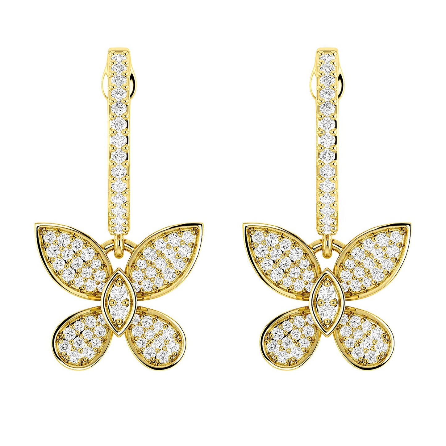 BUTTERFLY DANGLING DIAMOND HOOP EARRINGS 14K SOLID GOLD 0.45CTW