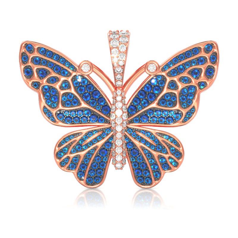 BUTTERFLY BLUE DIAMOND PENDANT 14K SOLID GOLD 1.75CTW