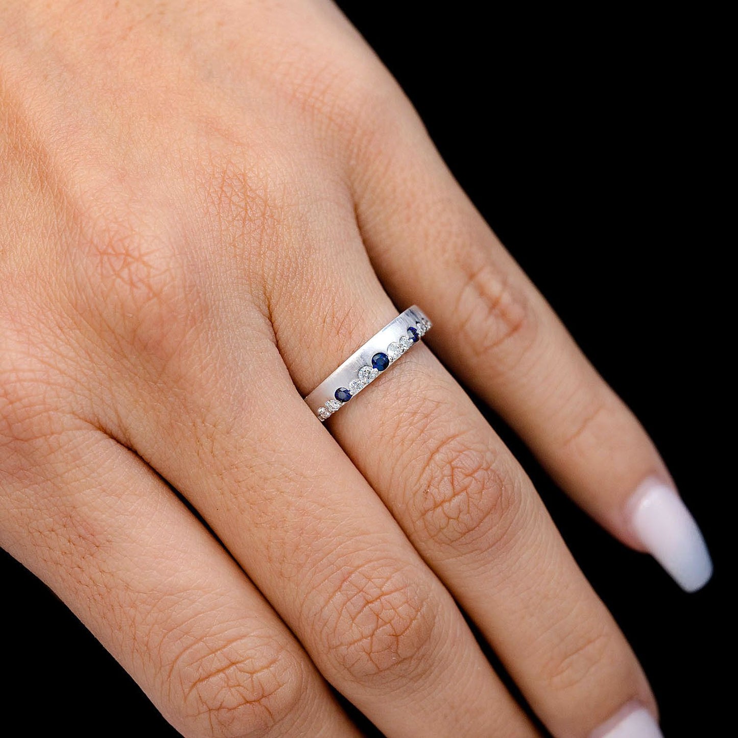 ONE ROW GYPSY SET SAPPHIRE & DIAMOND BAND RING 14K SOLID GOLD 0.33CTW
