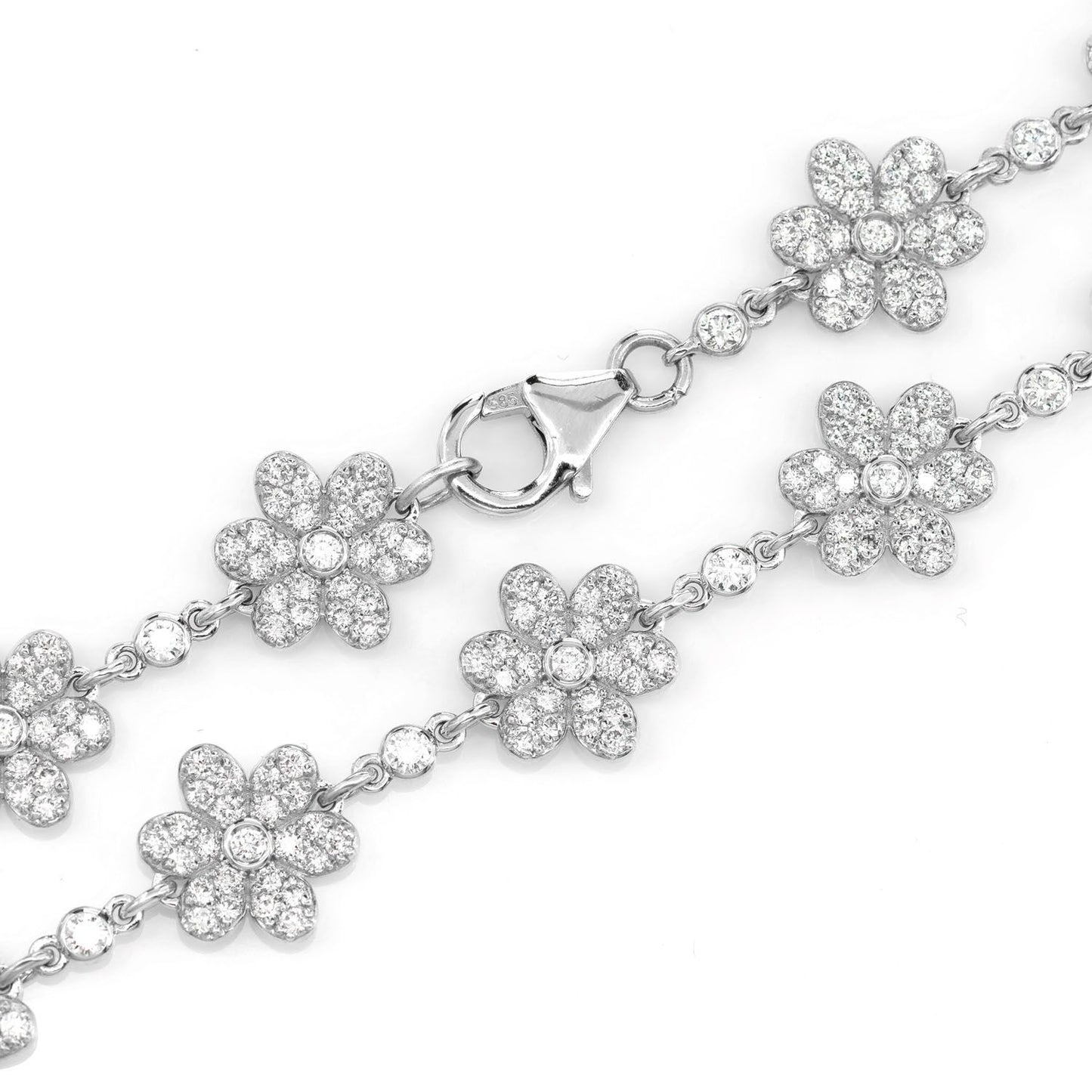 SIX PETAL FLOWER DIAMOND LINK STATION CHAIN 14K SOLID GOLD 7.00CTW