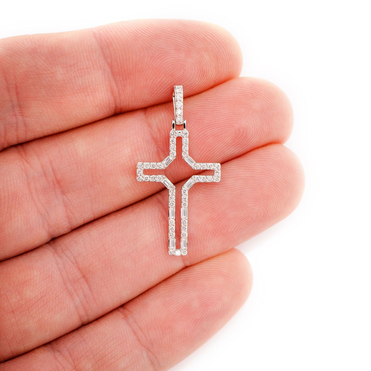OPEN ROUND AND BAGUETTE DIAMOND CROSS PENDANT 14K SOLID GOLD 0.50CTW