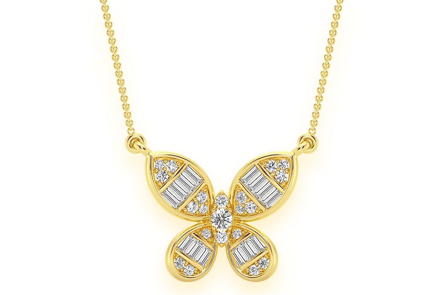 COLIER CU DIAMANTE FORMAT BAGHETĂ FLUTURE, CONECTATE, AUR MASIV DE 14K, 0.33CTW