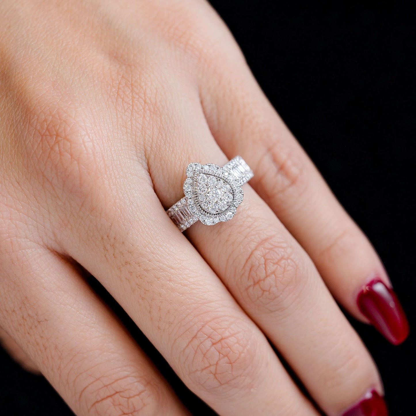 1.05CTW FLORAL PEAR CLUSTER BAGUETTE - DIAMOND ENGAGEMENT RING - 14K SOLID GOLD