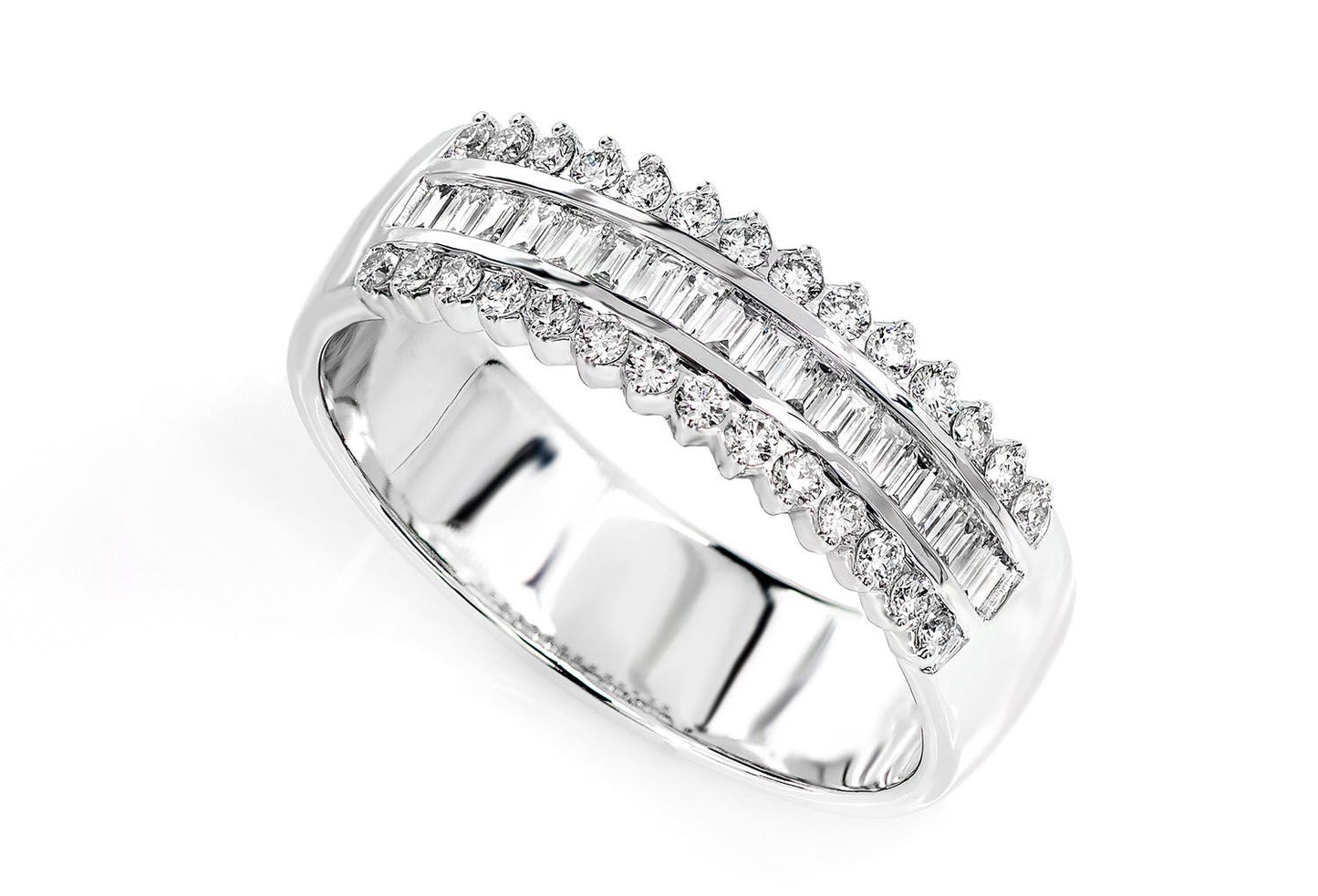 ONE ROW BAGUETTE & ROUND DIAMOND BORDER RING 14K SOLID GOLD 0.50CTW