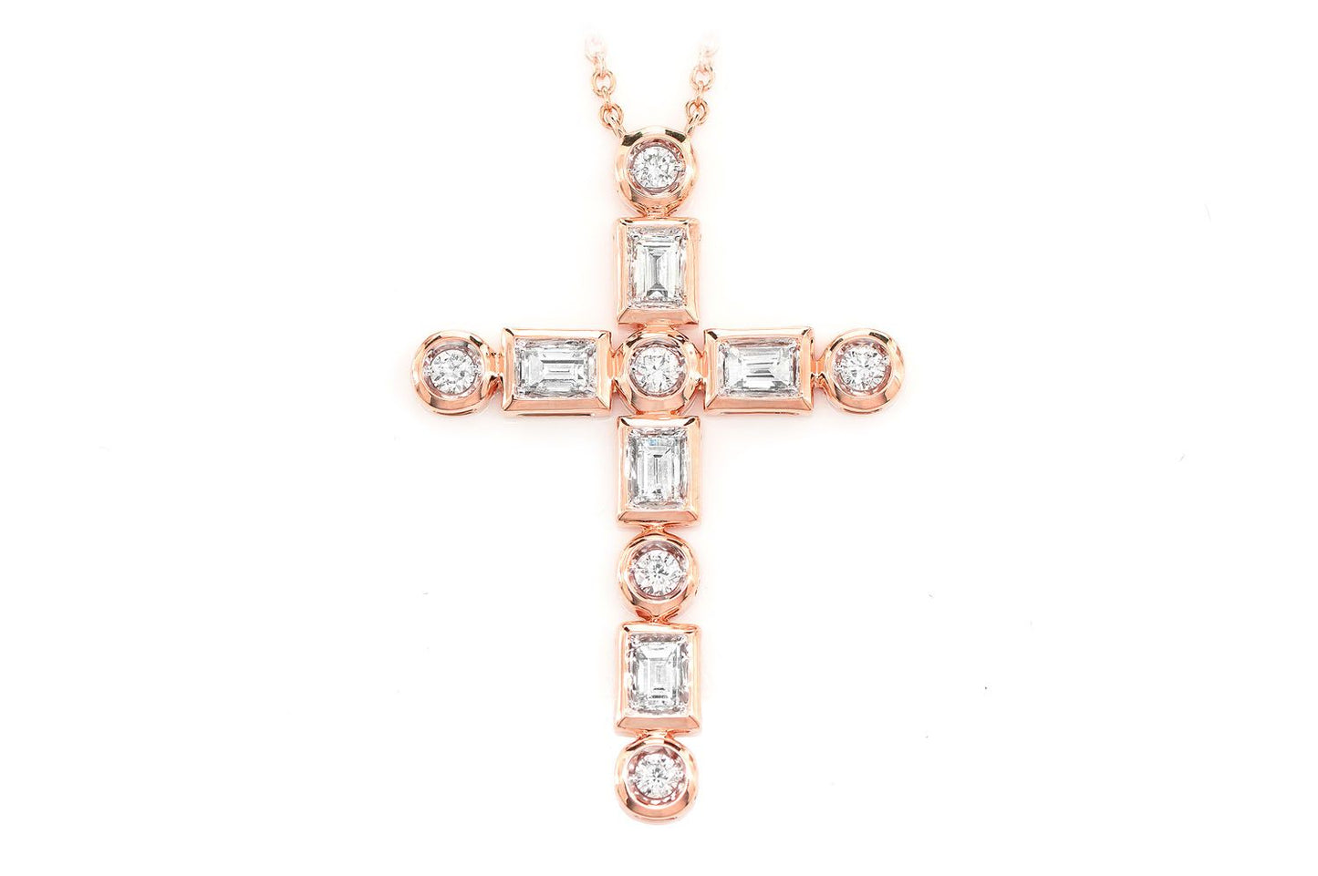 BAGUETTE AND ROUND DIAMOND CROSS PENDANT NECKLACE ATTACHED 14K SOLID GOLD 0.75CTW